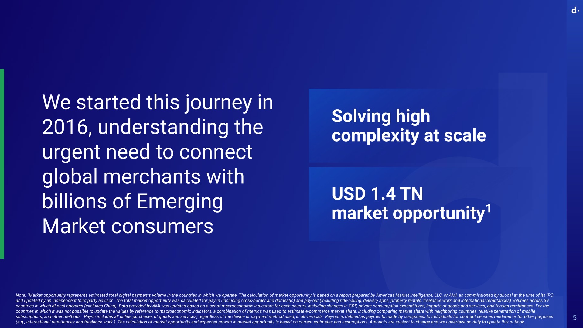 we started this journey in understanding the urgent need to connect global merchants with billions of emerging market consumers solving high complexity at scale market opportunity sie note opportunity represents estimated total digital payments volume countries which operate calculation opportunity is based on a report prepared by intelligence or ami as commissioned by time its and updated by an independent third party advisor total opportunity was calculated for pay in including cross border and domestic and pay out including ride hailing delivery property rentals work and international remittances volumes across countries which operates excludes china data provided by ami was updated based on a set indicators for each country including changes private consumption expenditures imports goods and services and foreign remittances for countries which it was not possible update values by reference indicators a combination metrics was used estimate commerce share including comparing share neighboring countries relative penetration mobile subscriptions and other methods pay in includes all purchases goods and services regardless device or payment method used all verticals pay out is defined as payments made by companies individuals for contract services rendered or for other purposes international remittances and work calculation opportunity and expected growth opportunity is based on current estimates and assumptions amounts are subject change and undertake no duty update outlook | dLocal