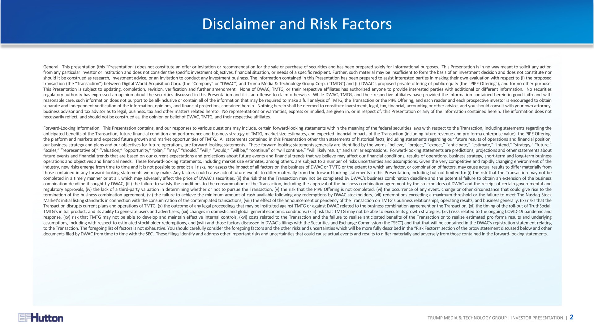 disclaimer and risk factors | TMTG