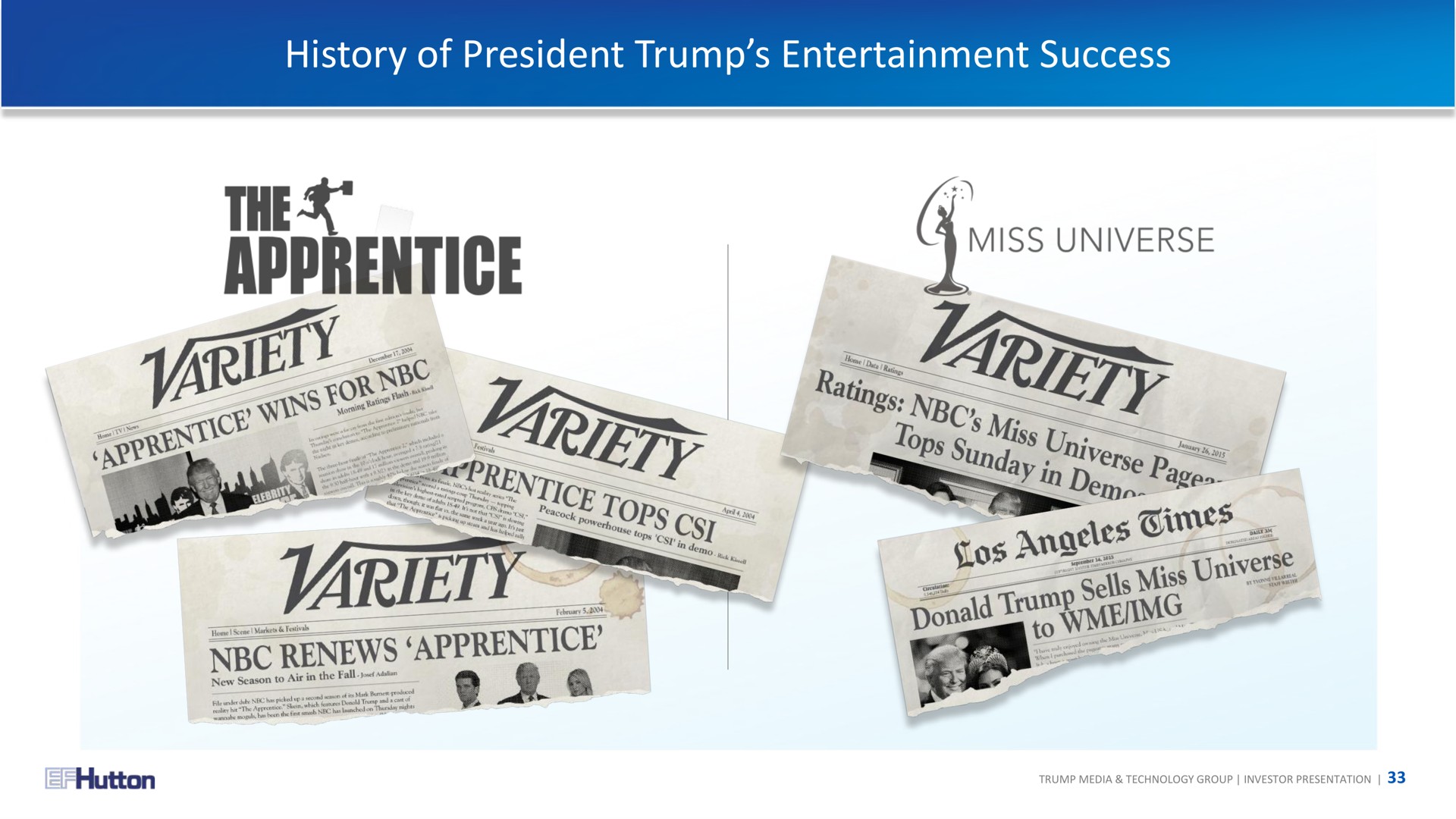 history of president trump entertainment success me universe apprentice renews | TMTG