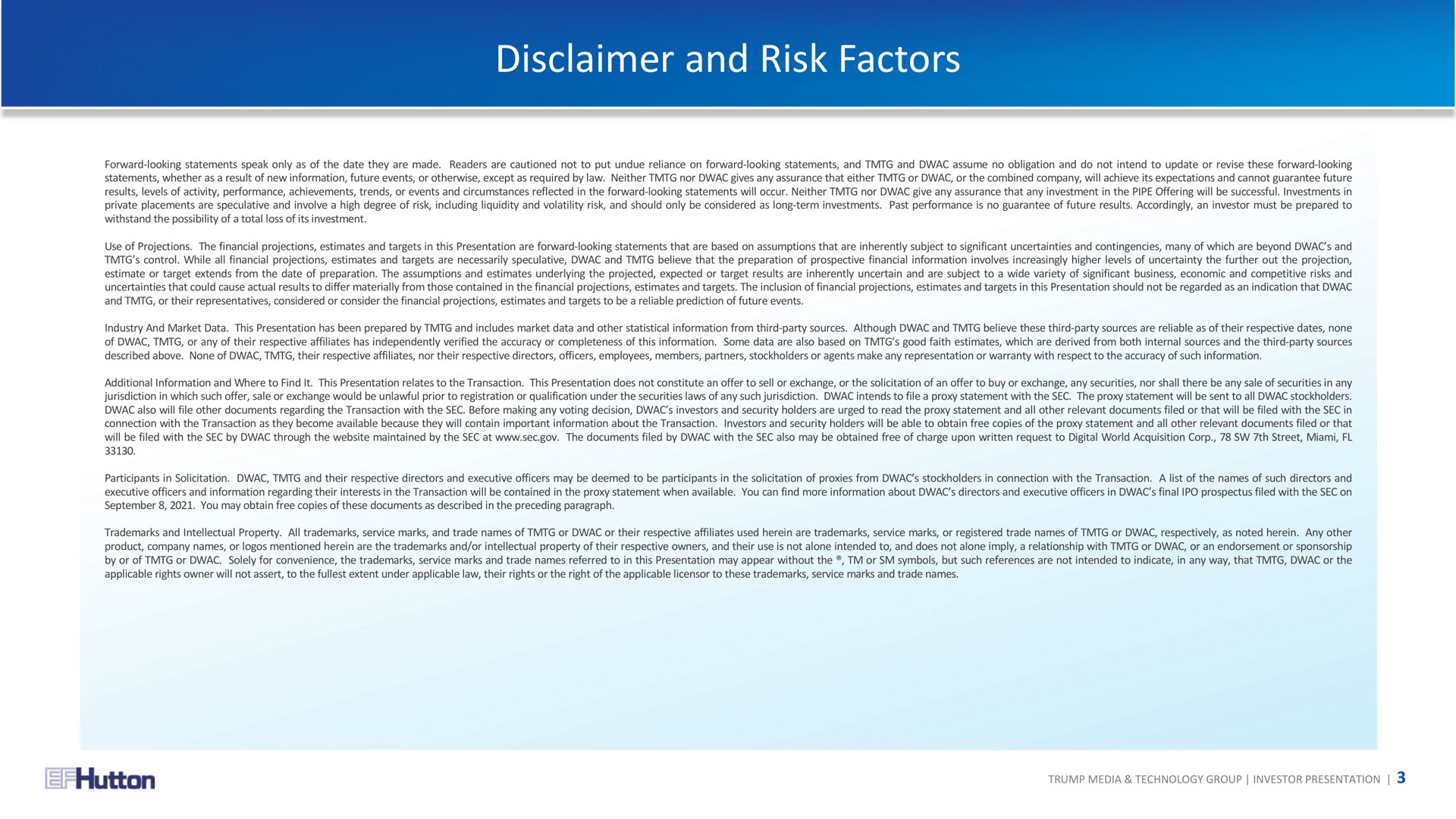disclaimer and risk factors | TMTG