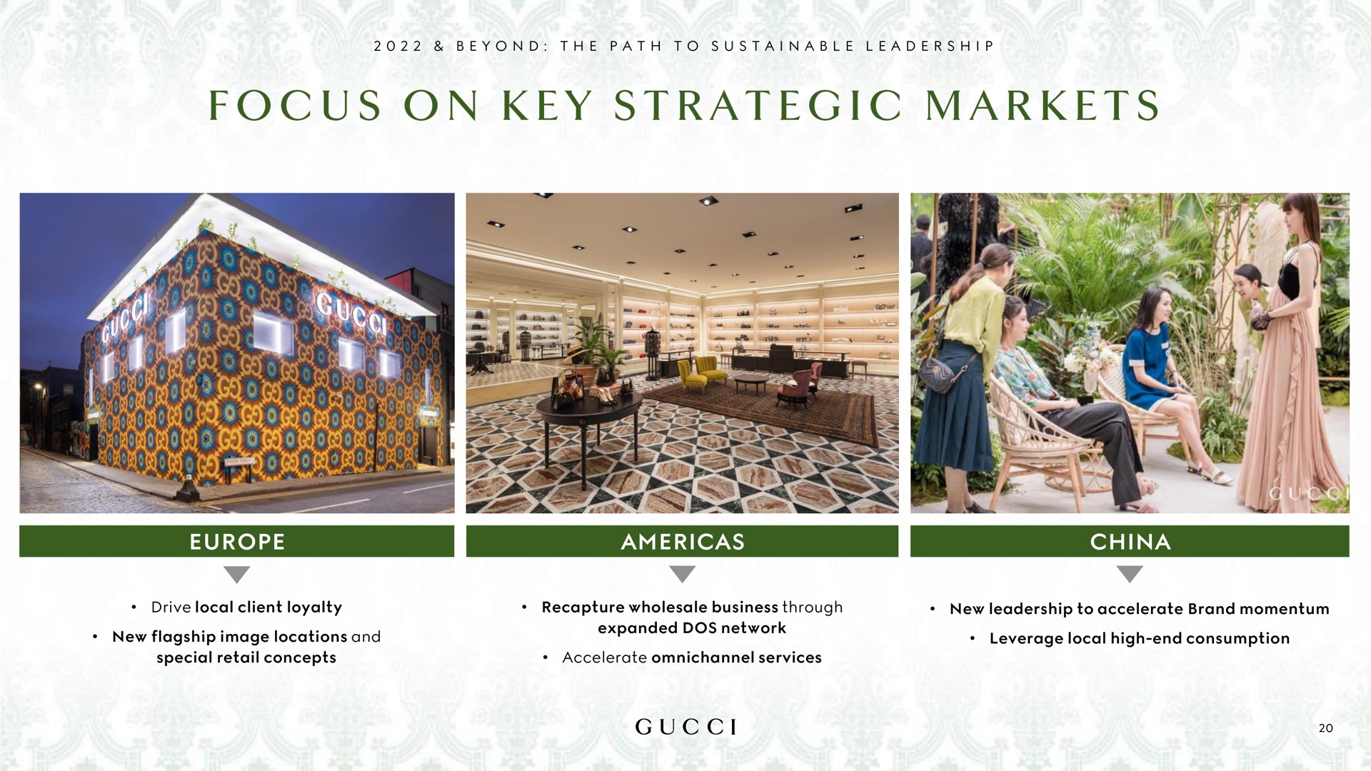 a a i a a i china drive local client loyalty new flagship image locations and special retail concepts recapture wholesale business through expanded dos network accelerate services new leadership to accelerate brand momentum leverage local high end consumption focus on key strategic markets | Kering