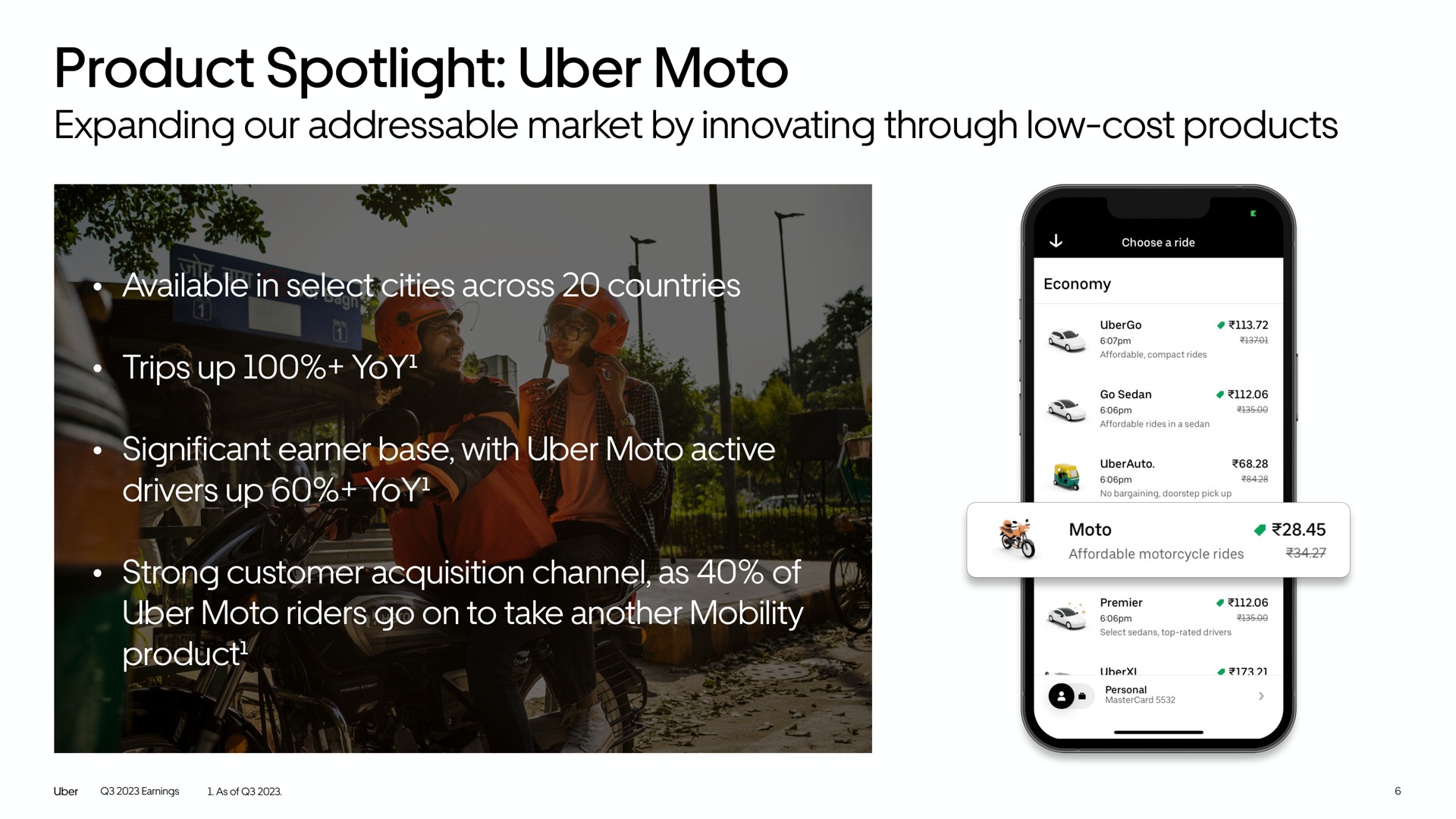 product spotlight expanding our market by innovating through low cost products available in select cities across countries trips up yoy significant earner base with active drivers up yoy strong customer acquisition channel as of riders go on to take another mobility product loo vane | Uber