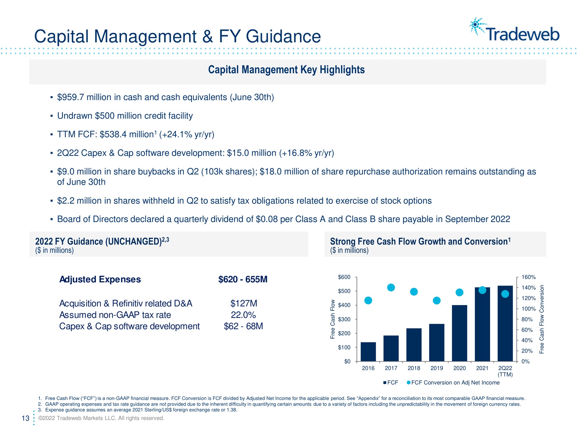 capital management guidance capital management key highlights guidance unchanged strong free cash flow growth and conversion acquisition related a on | Tradeweb