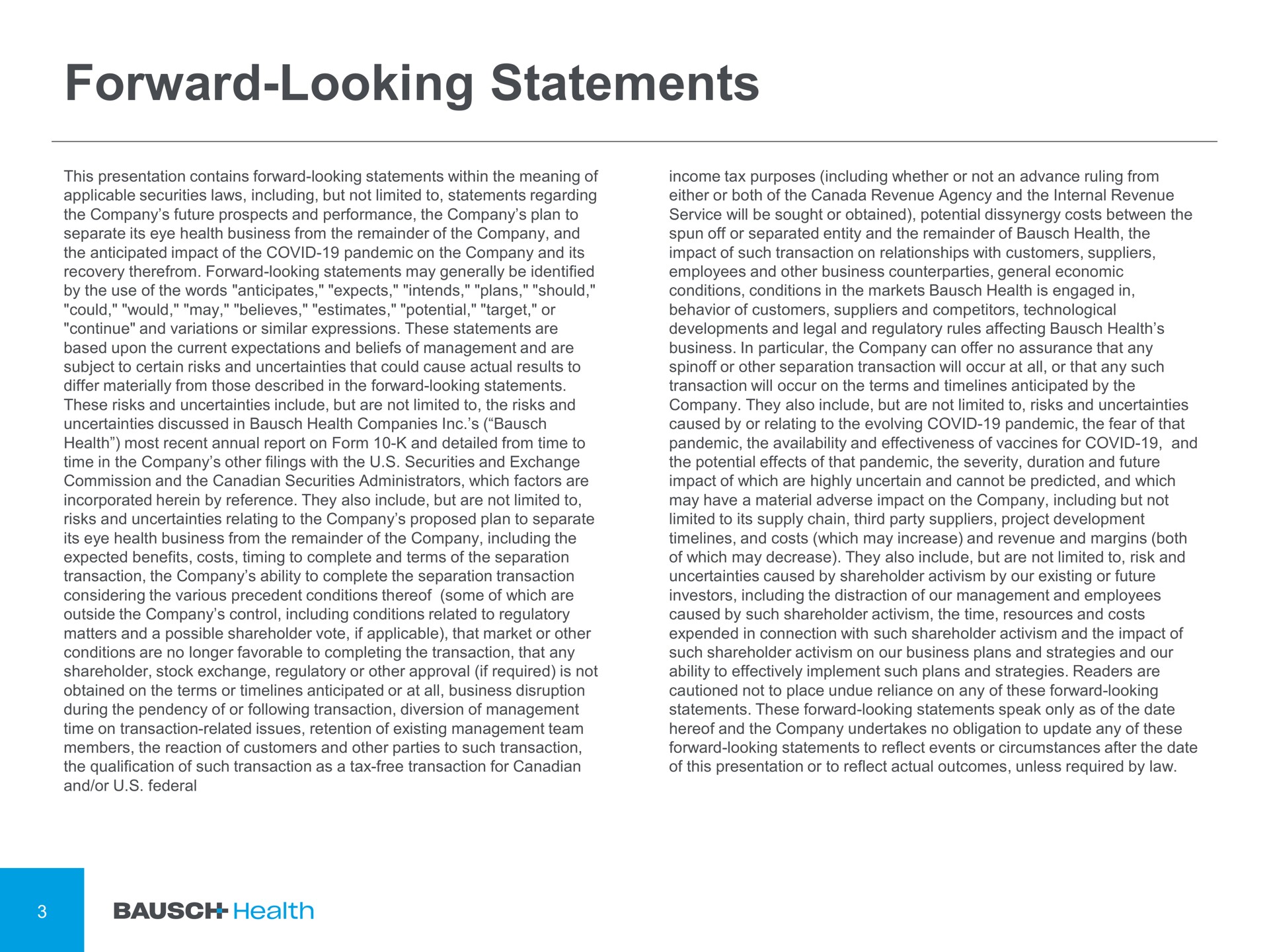 forward looking statements | Bausch Health Companies