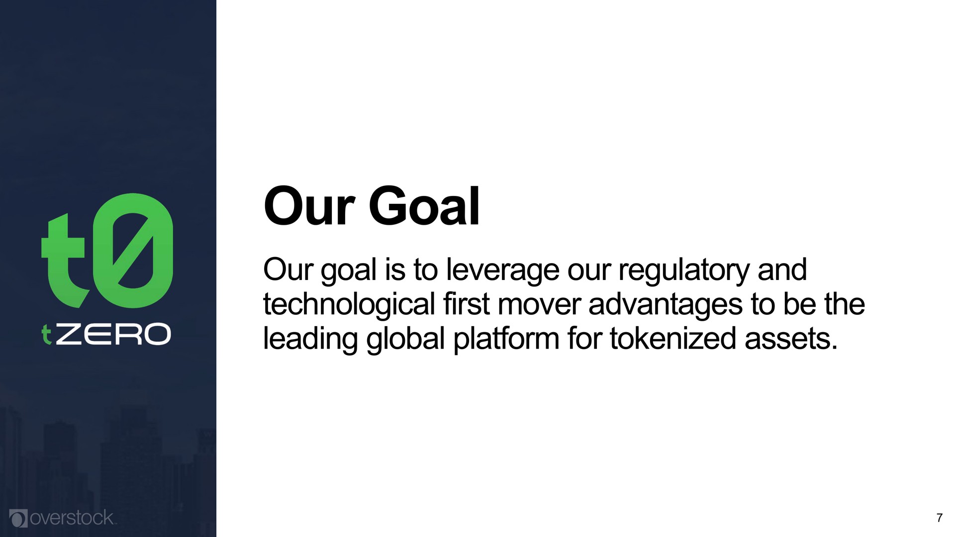 our goal our goal is to leverage our regulatory and technological first mover advantages to be the leading global platform for assets | Overstock