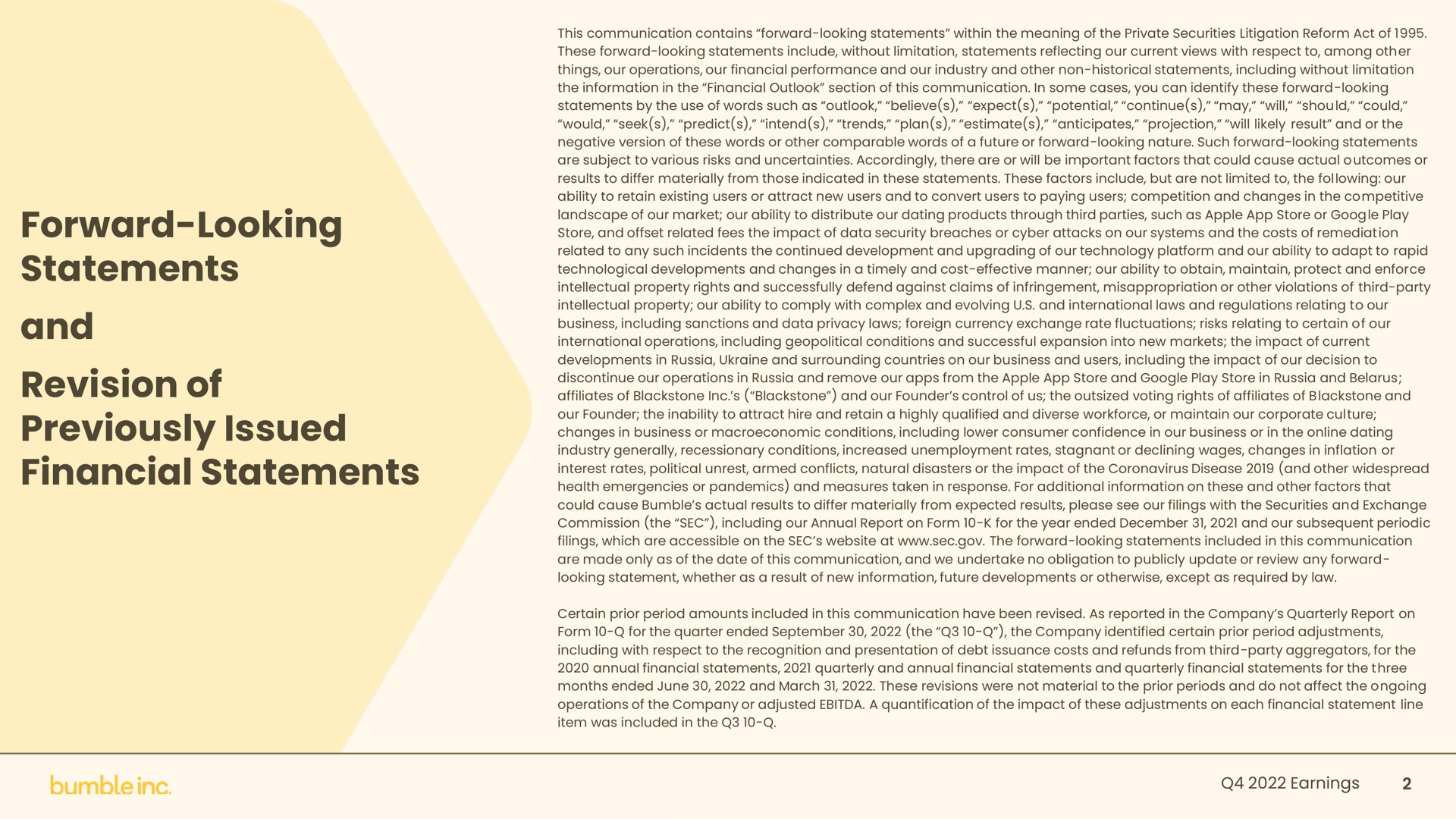 forward looking statements and revision of previously issued financial statements | Bumble