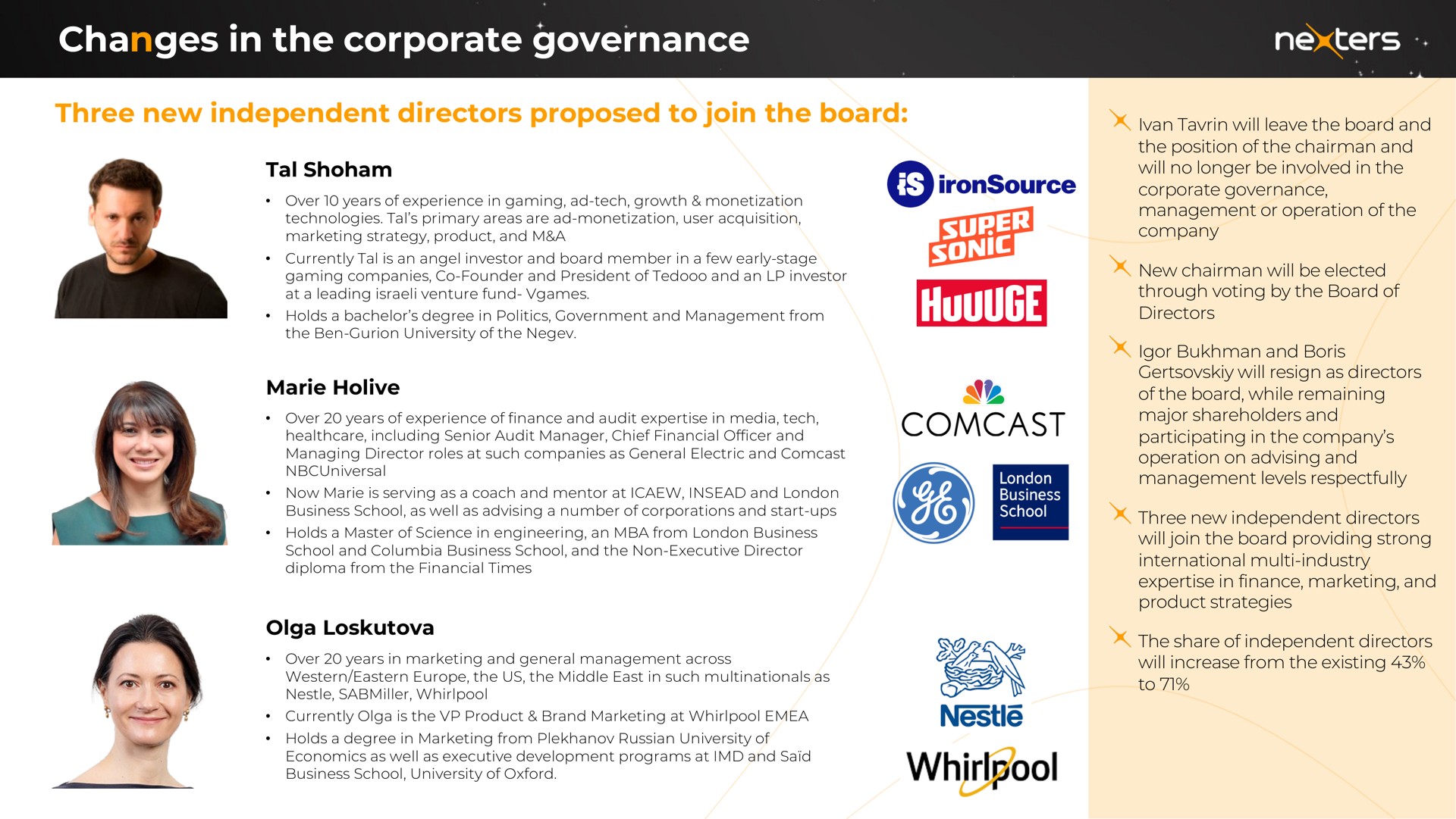 changes in the corporate governance three new independent directors proposed to join the board tal my scene nestle | Nexters