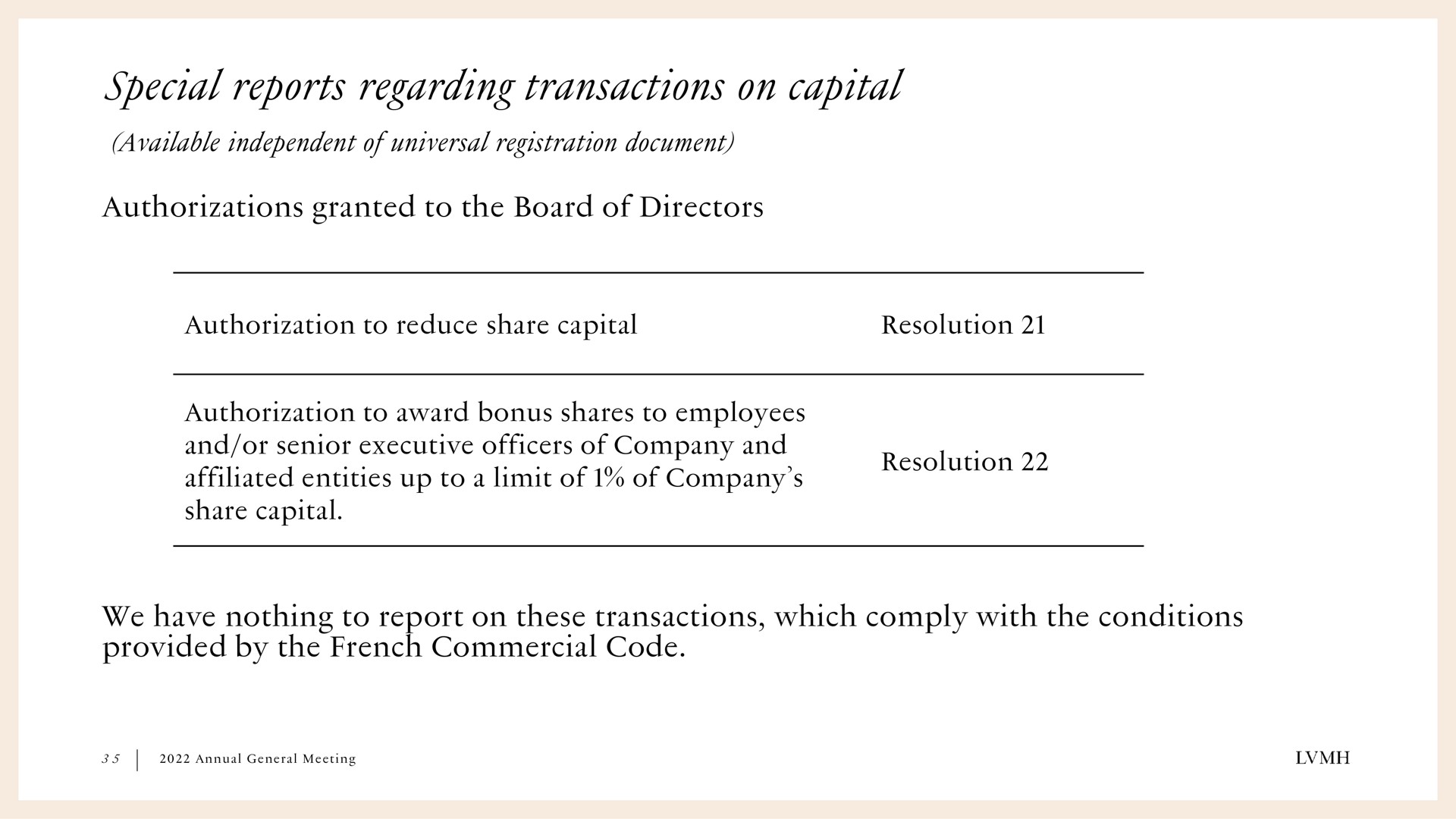 special reports regarding transactions on capital | LVMH