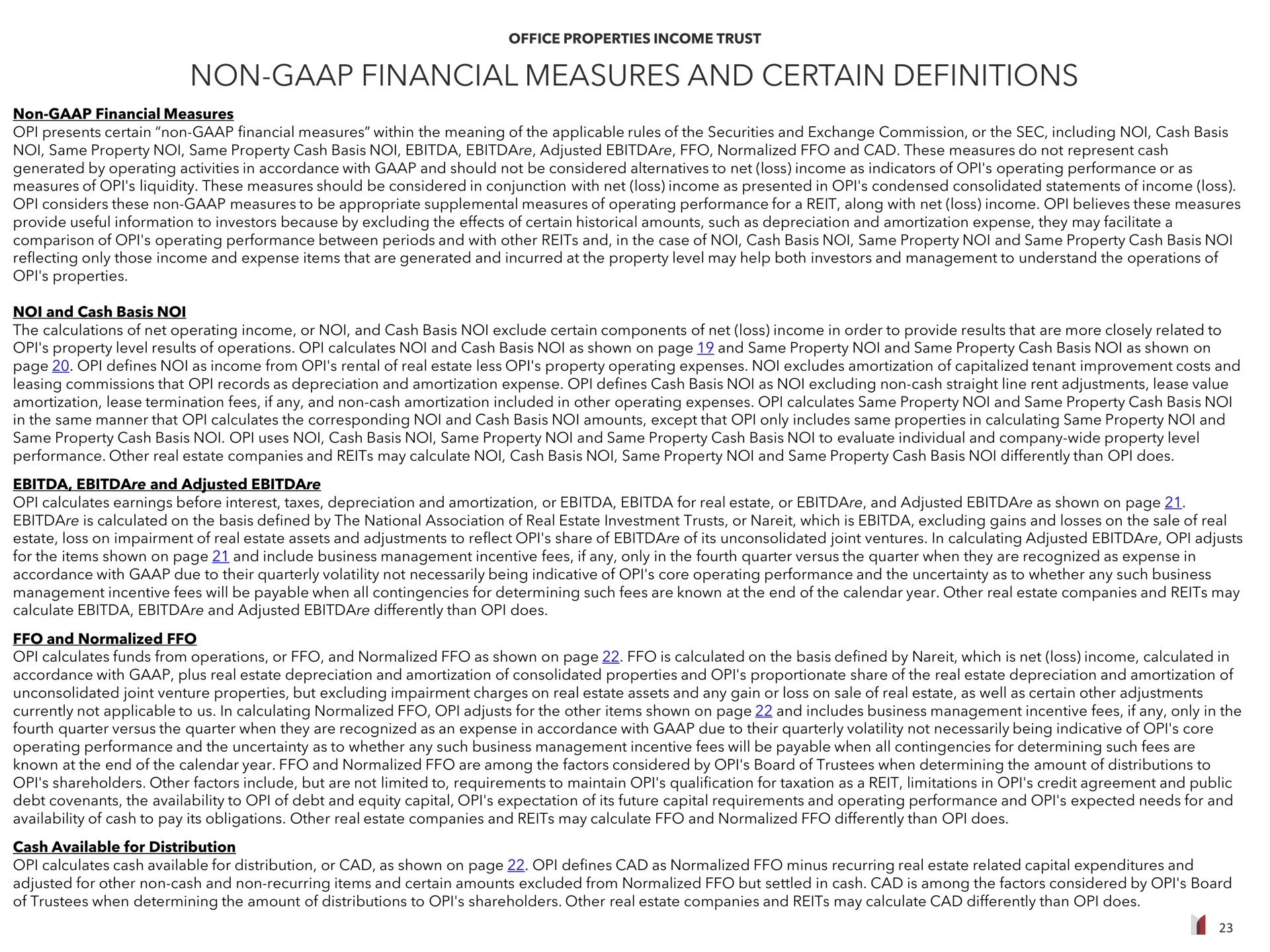 non financial measures and certain definitions | Office Properties Income Trust