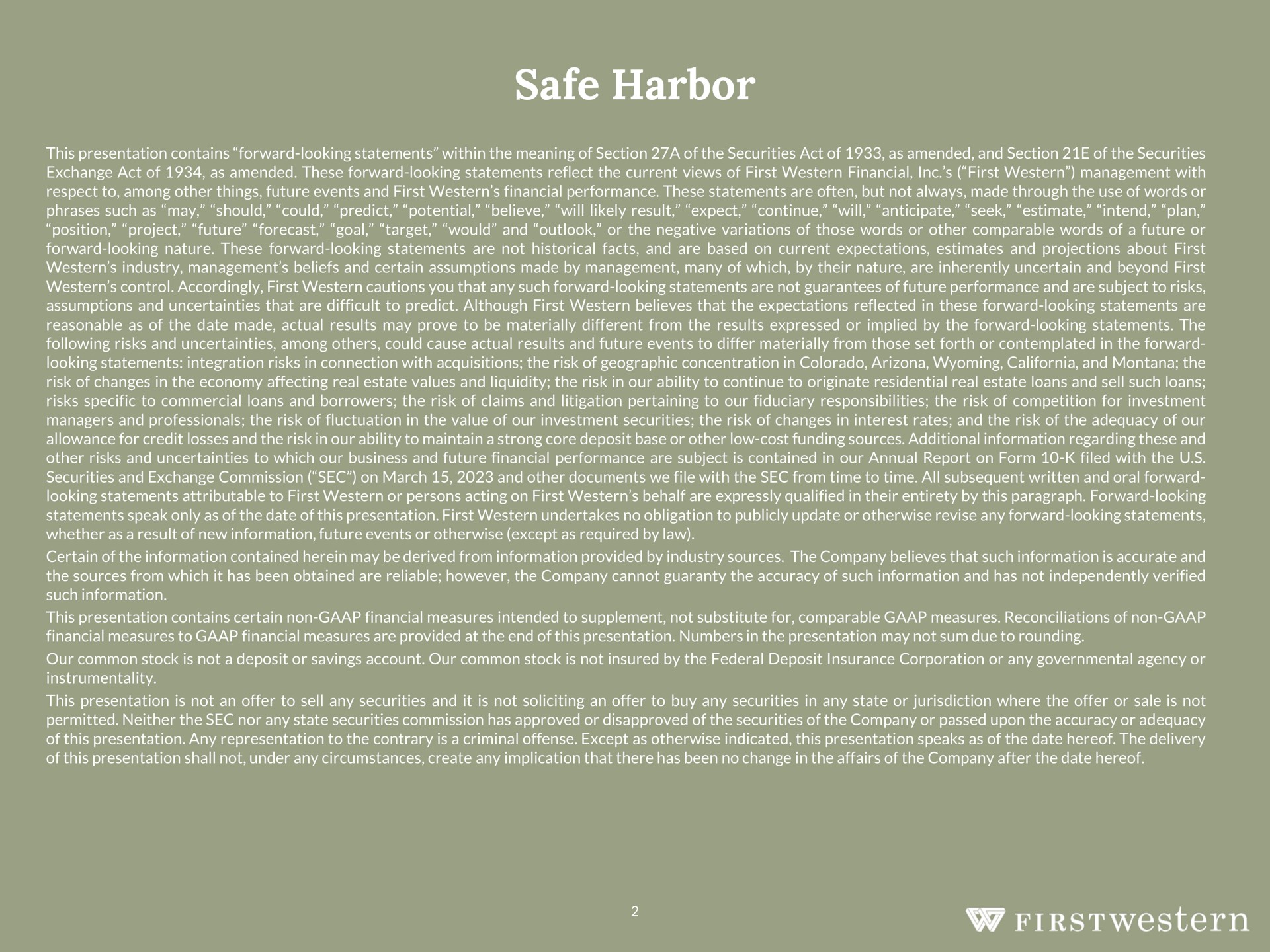 safe harbor | First Western Financial