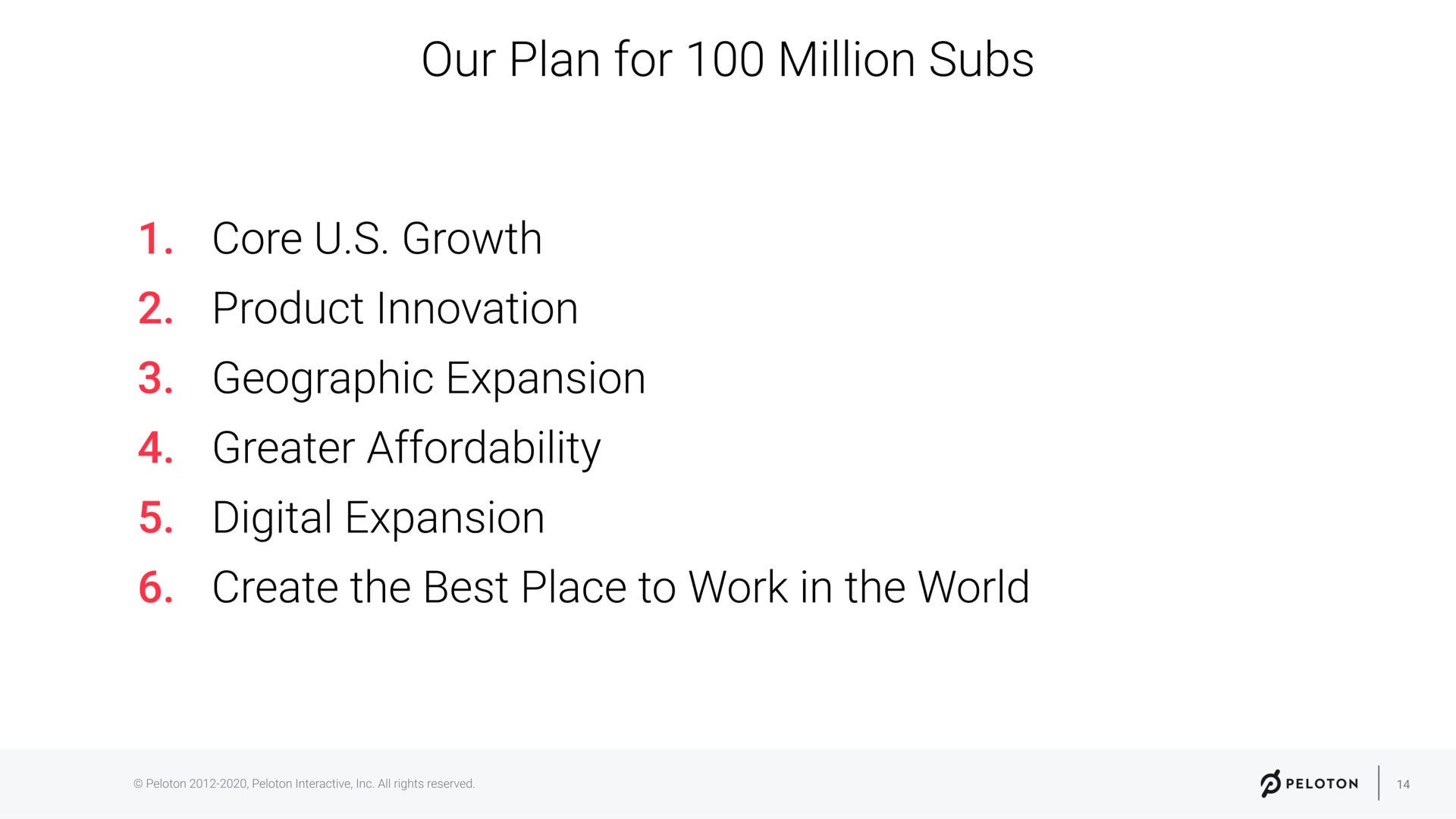 our plan for million subs core growth product innovation geographic expansion greater digital expansion create the best place to work in the world a | Peloton