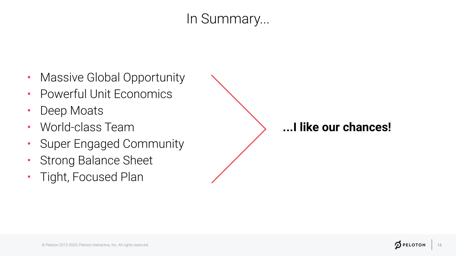 i like our chances in summary powerful unit economics world class team super engaged community strong balance sheet tight focused plan | Peloton