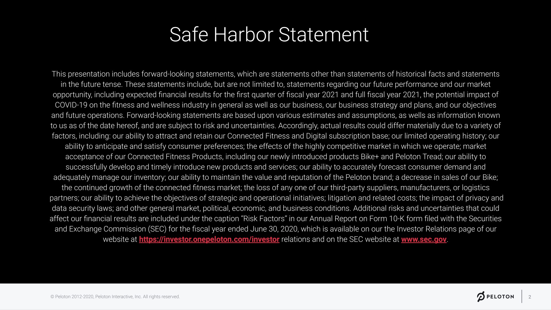 sec safe harbor statement | Peloton
