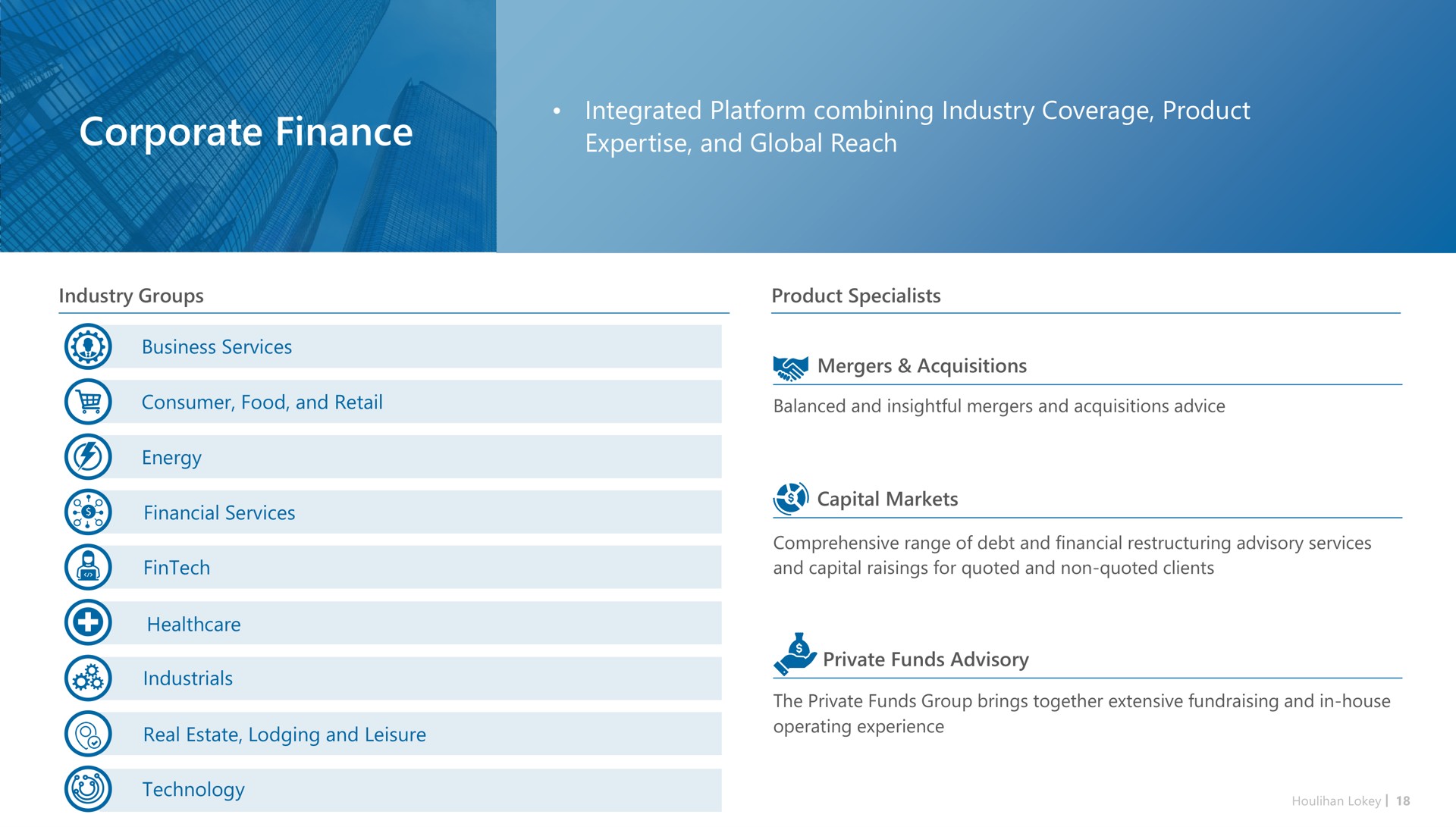 corporate finance integrated platform combining industry coverage product and global reach | Houlihan Lokey