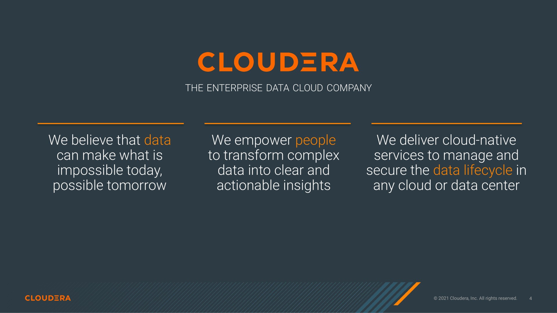 we believe that data can make what is impossible today possible tomorrow we empower people to transform complex data into clear and actionable insights we deliver cloud native services to manage and secure the data in any cloud or data center | Cloudera