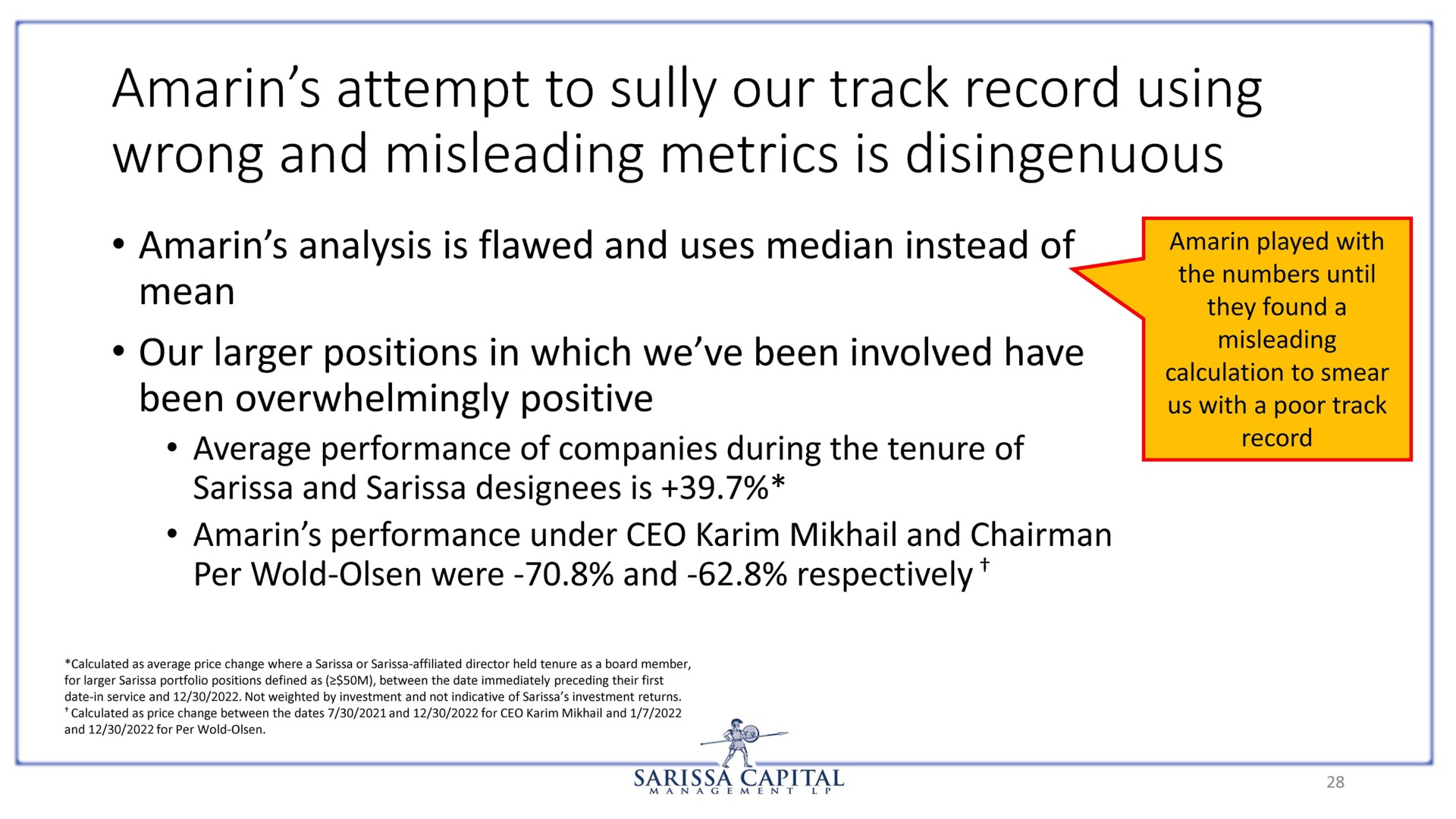 amarin attempt to sully our track record using wrong and misleading metrics is disingenuous our positions in which we been involved have capital | Sarissa Capital