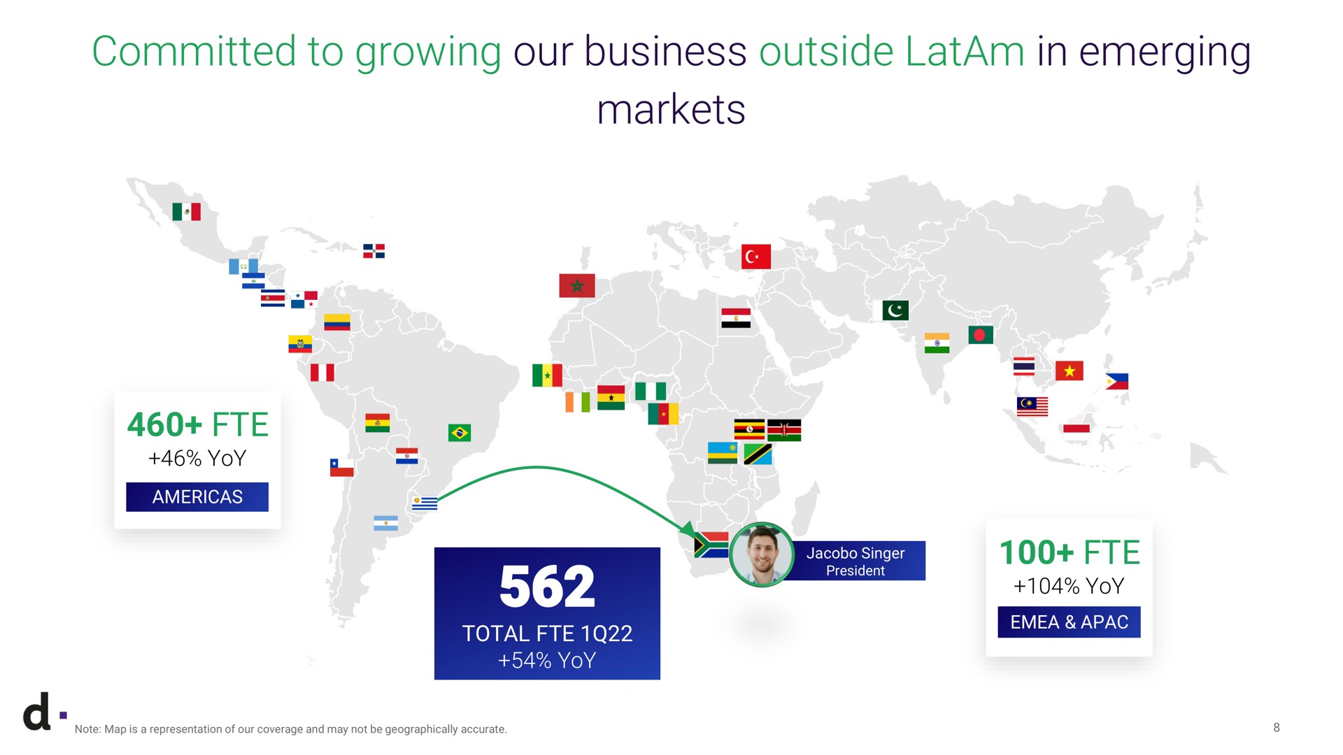 committed to growing our business outside in emerging markets on fie yoy total yoy a note map is a representation of may not be geographically accurate singer a a a yoy | dLocal