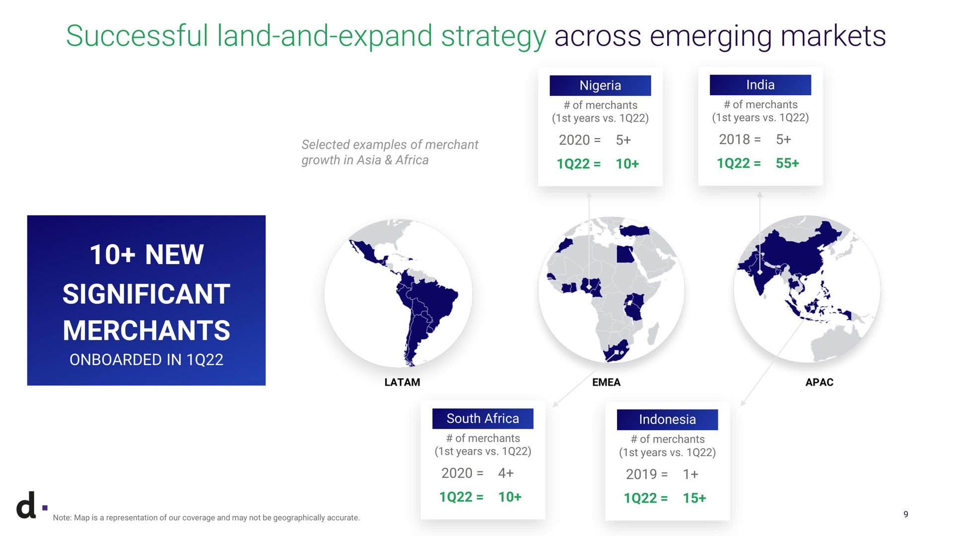 successful land and expand strategy across emerging markets new significant merchants selected examples of merchant growth in of years of years in tan a a note map is a representation of our coverage and may not be geographically accurate of years of years | dLocal