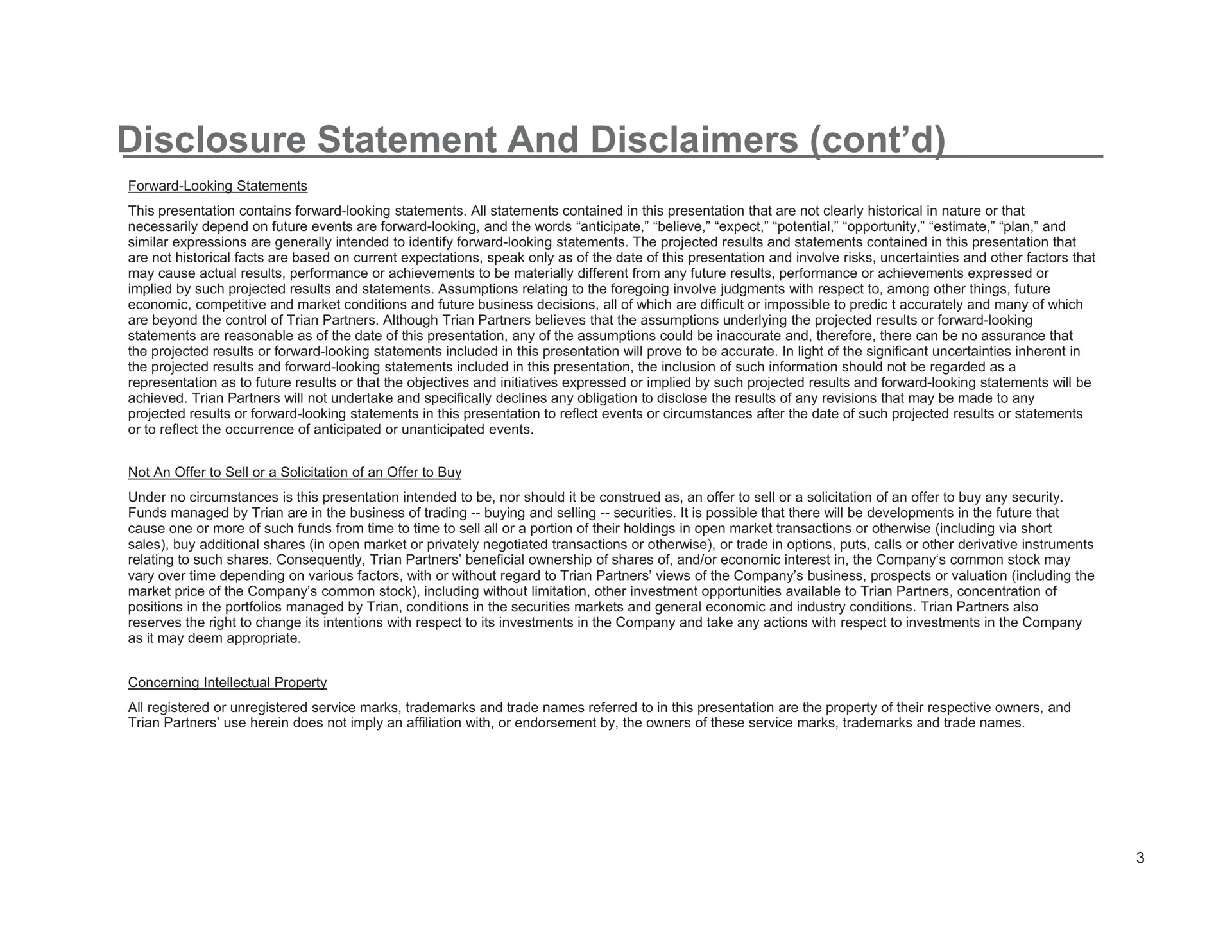 disclosure statement and disclaimers | Trian Partners