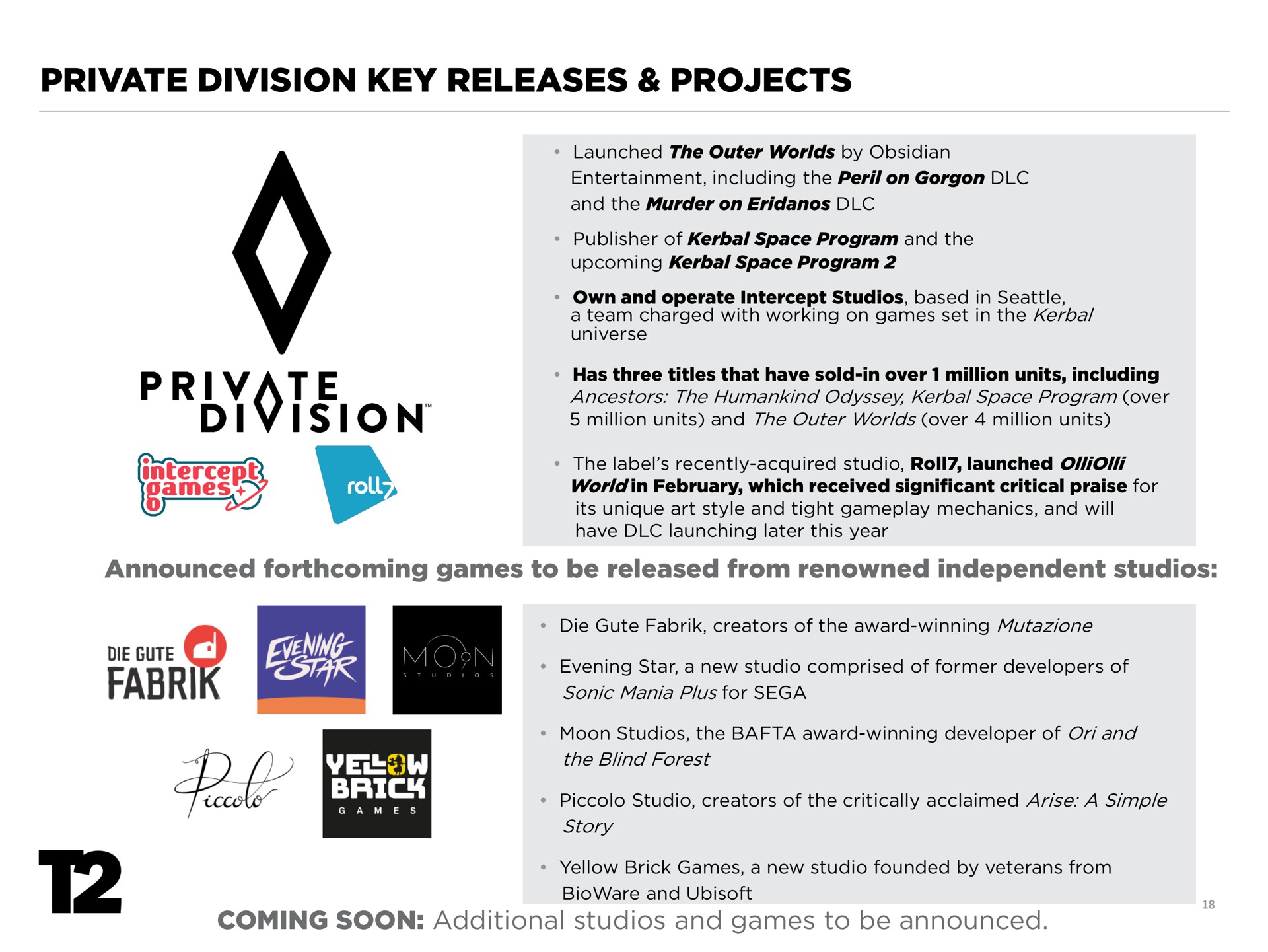 private division key releases projects | Take-Two Interactive