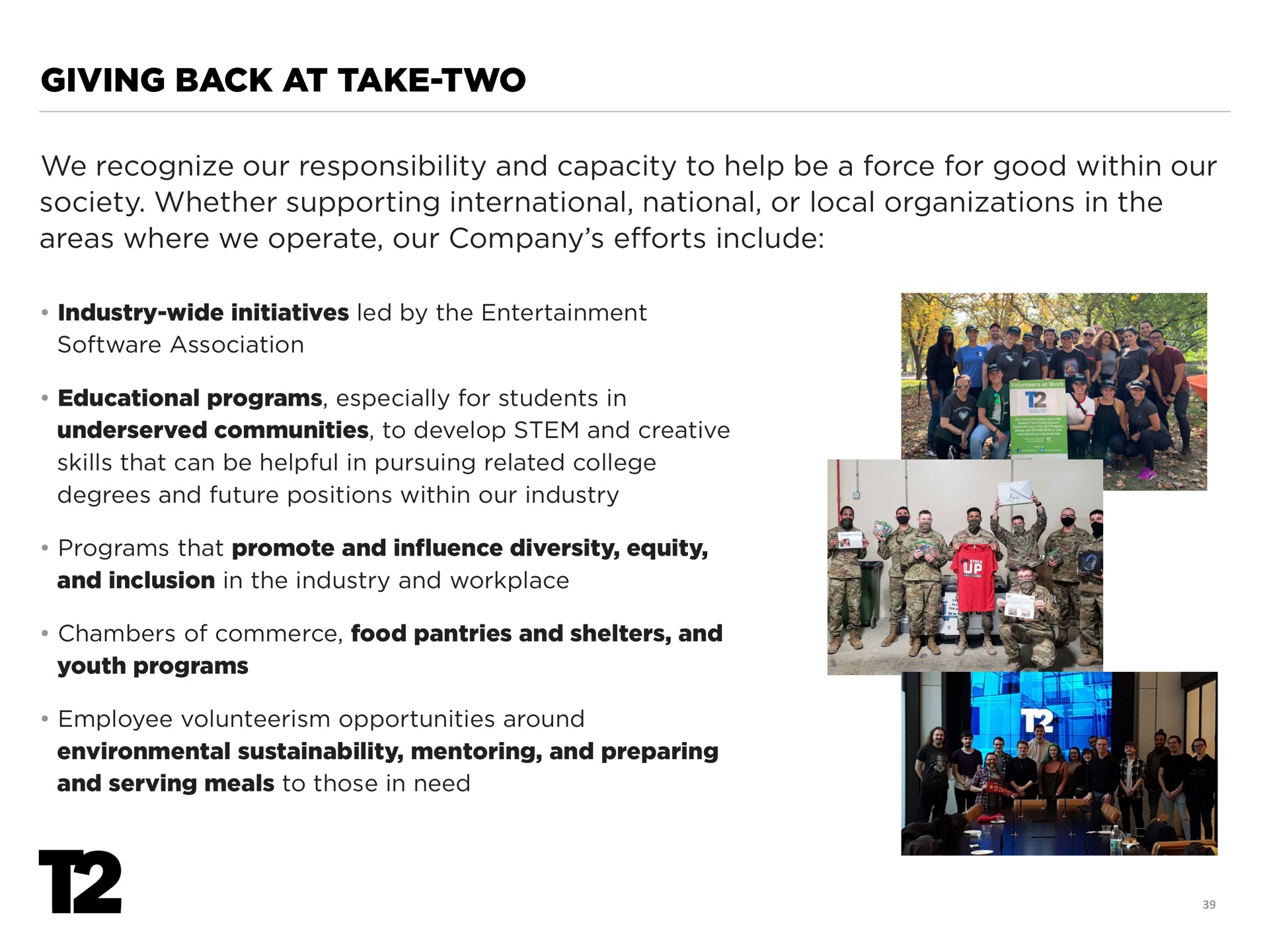 giving back at take two we recognize our responsibility and capacity to help be a force for good within our society whether supporting international national or local organizations in the areas where we operate our company efforts include | Take-Two Interactive