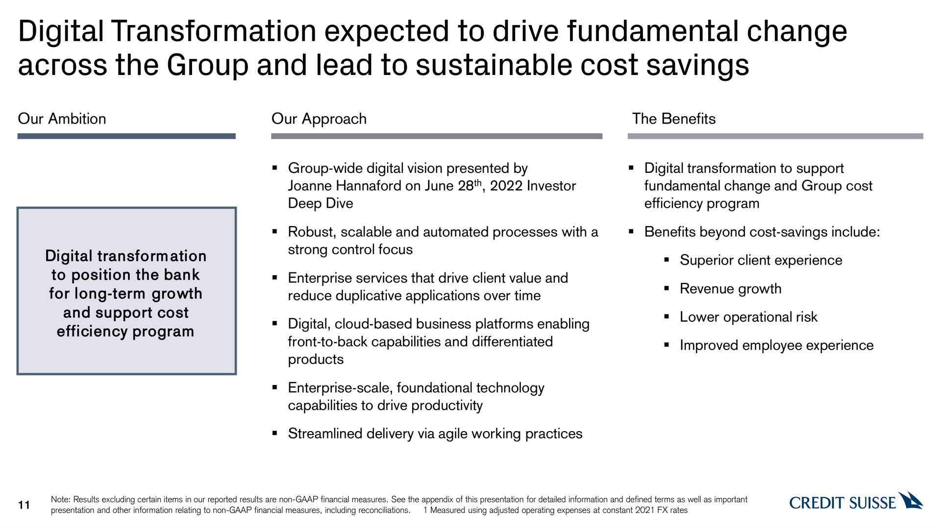 digital transformation expected to drive fundamental change across the group and lead to sustainable cost savings credit | Credit Suisse