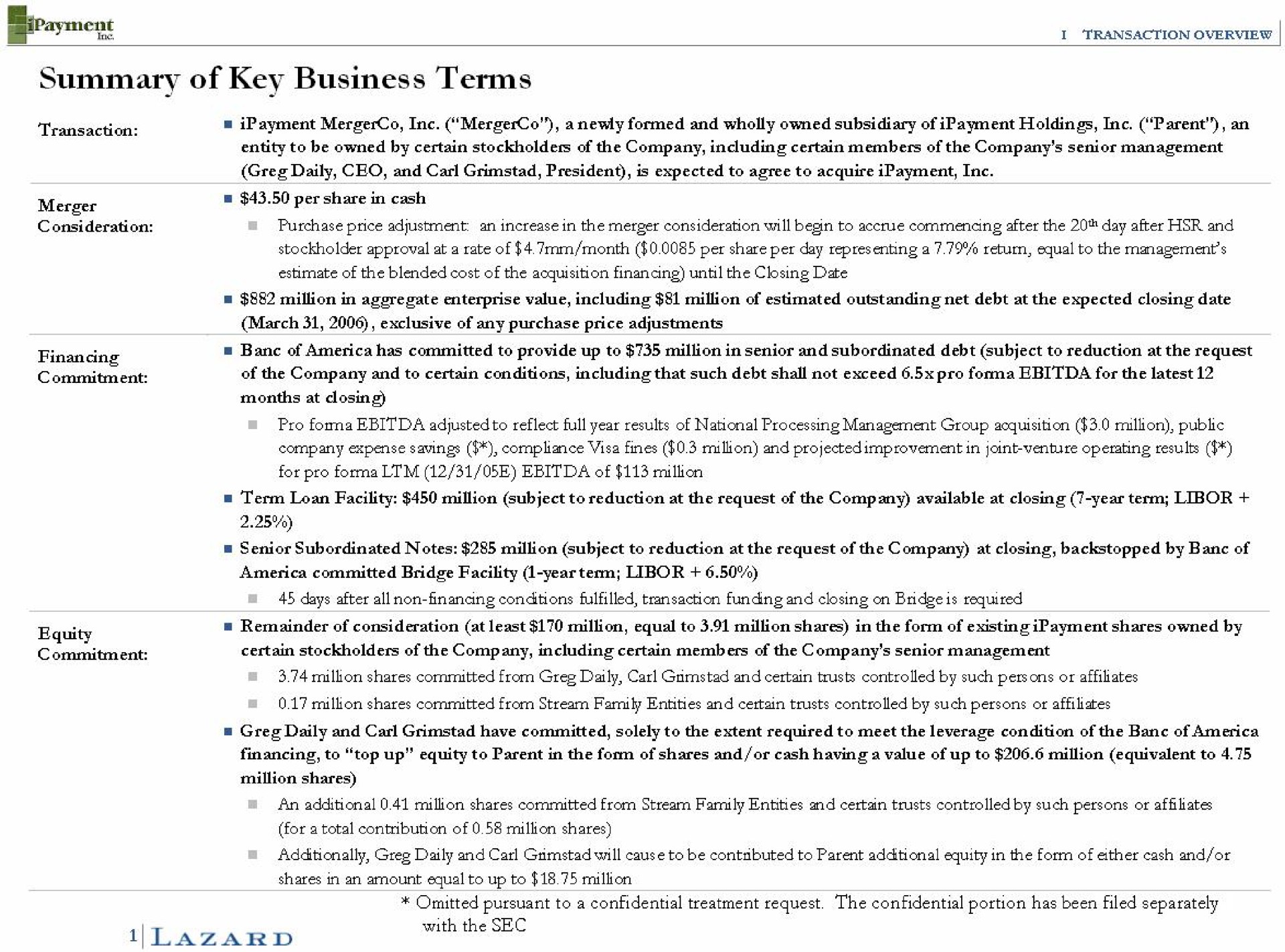 summary of key business terms equity | Lazard