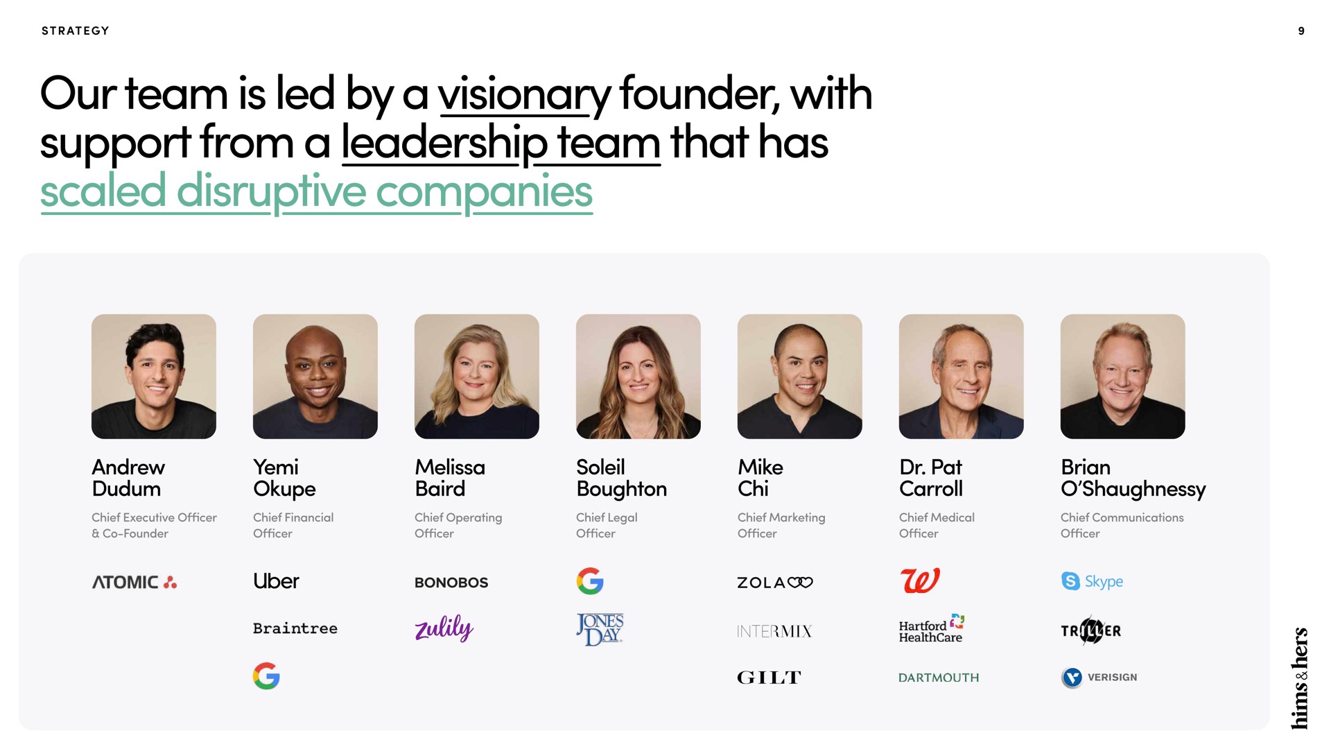 our team is led by a visionary founder with support from a leadership team that has | Hims & Hers