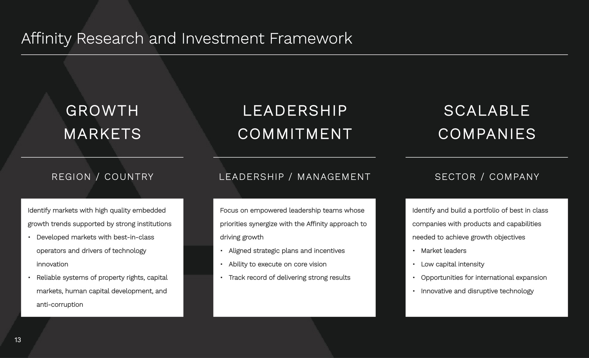 affinity research and investment framework affinity research and investment framework growth growth mar mar commitment commitment scalable scalable companies companies markets leadership | Affinity Partners