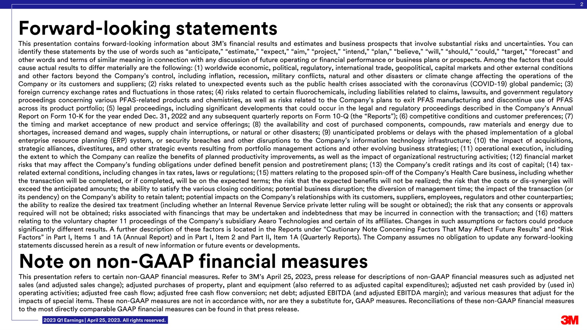 forward looking statements note on non financial measures | 3M