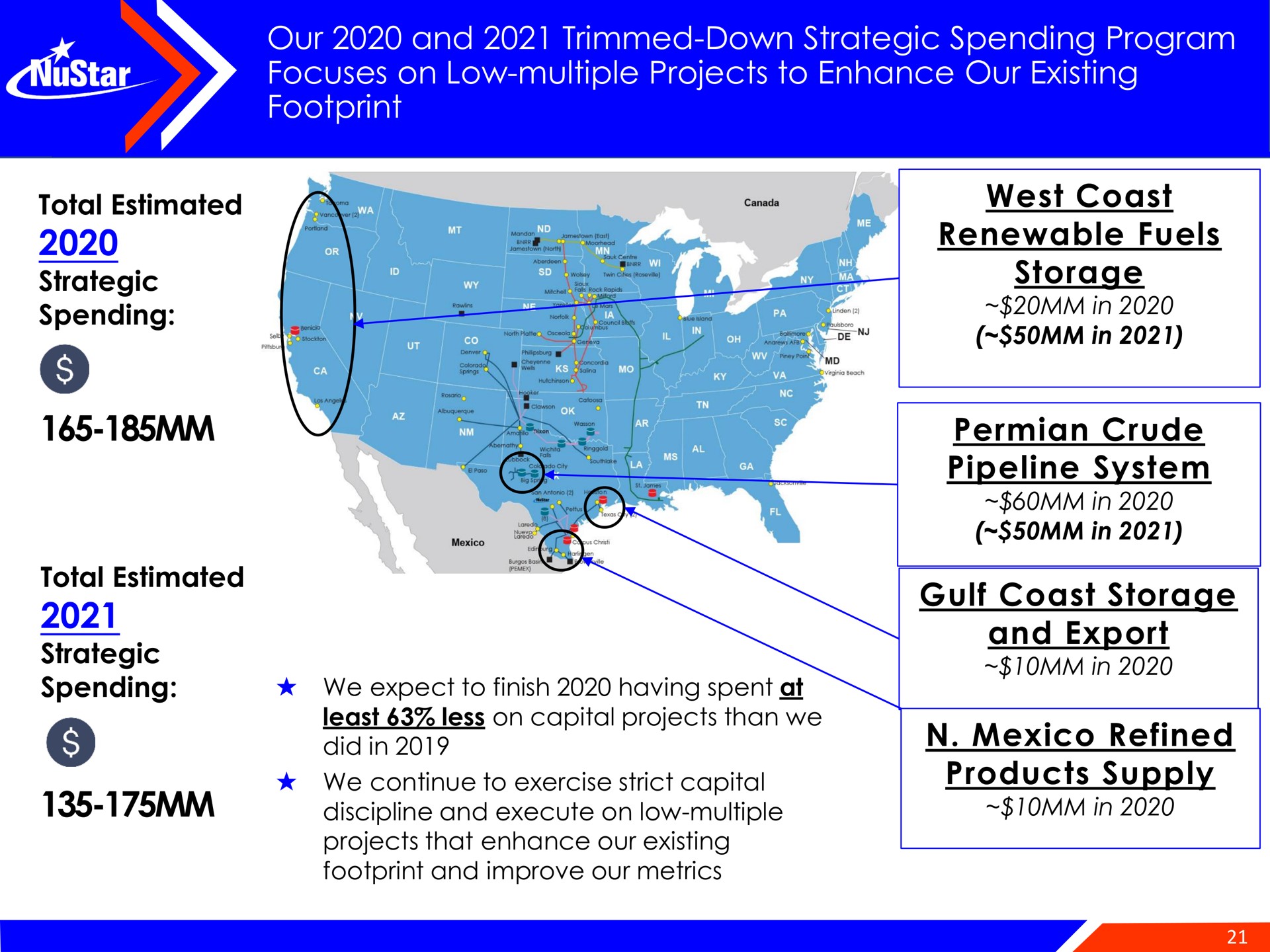 our and trimmed down strategic spending program focuses on low multiple projects to enhance our existing footprint west coast renewable fuels storage crude pipeline system gulf coast storage and export refined products supply total estimated ons in did in in | NuStar Energy