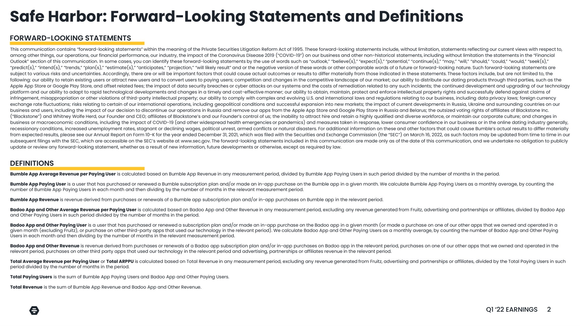 safe harbor forward looking statements and definitions | Bumble