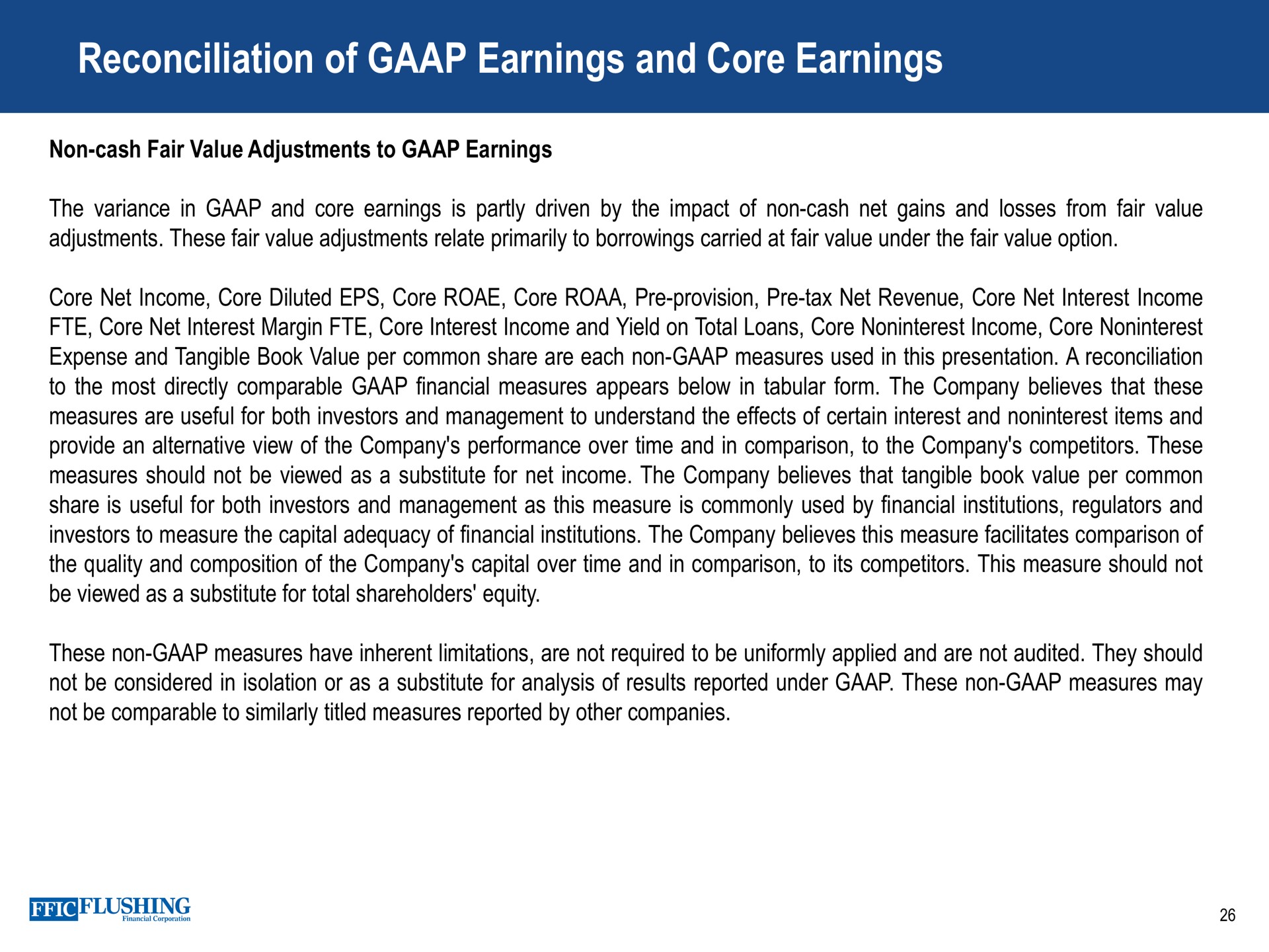 reconciliation of earnings and core earnings | Flushing Financial
