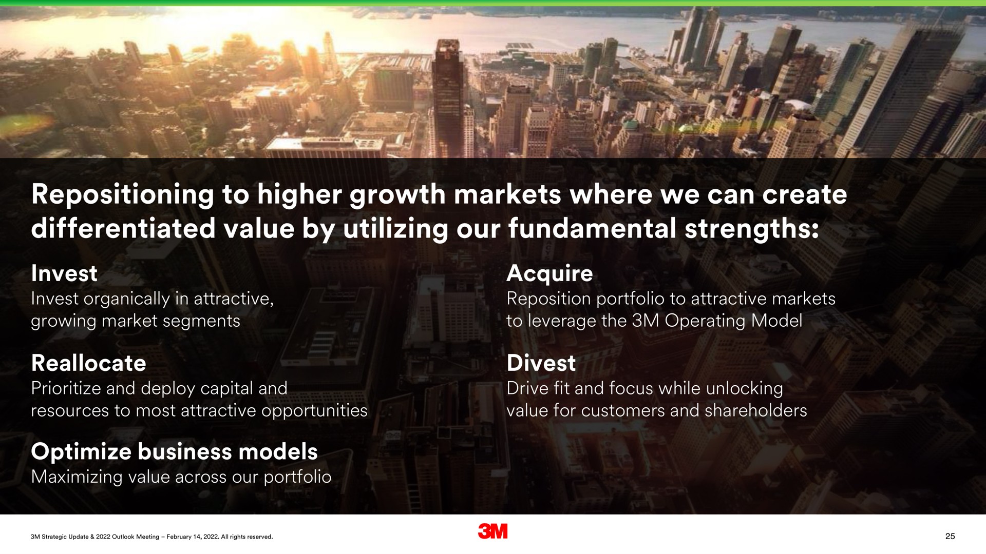 repositioning to higher growth markets where we can create differentiated value by utilizing our fundamental strengths invest reallocate optimize business models acquire divest tan | 3M
