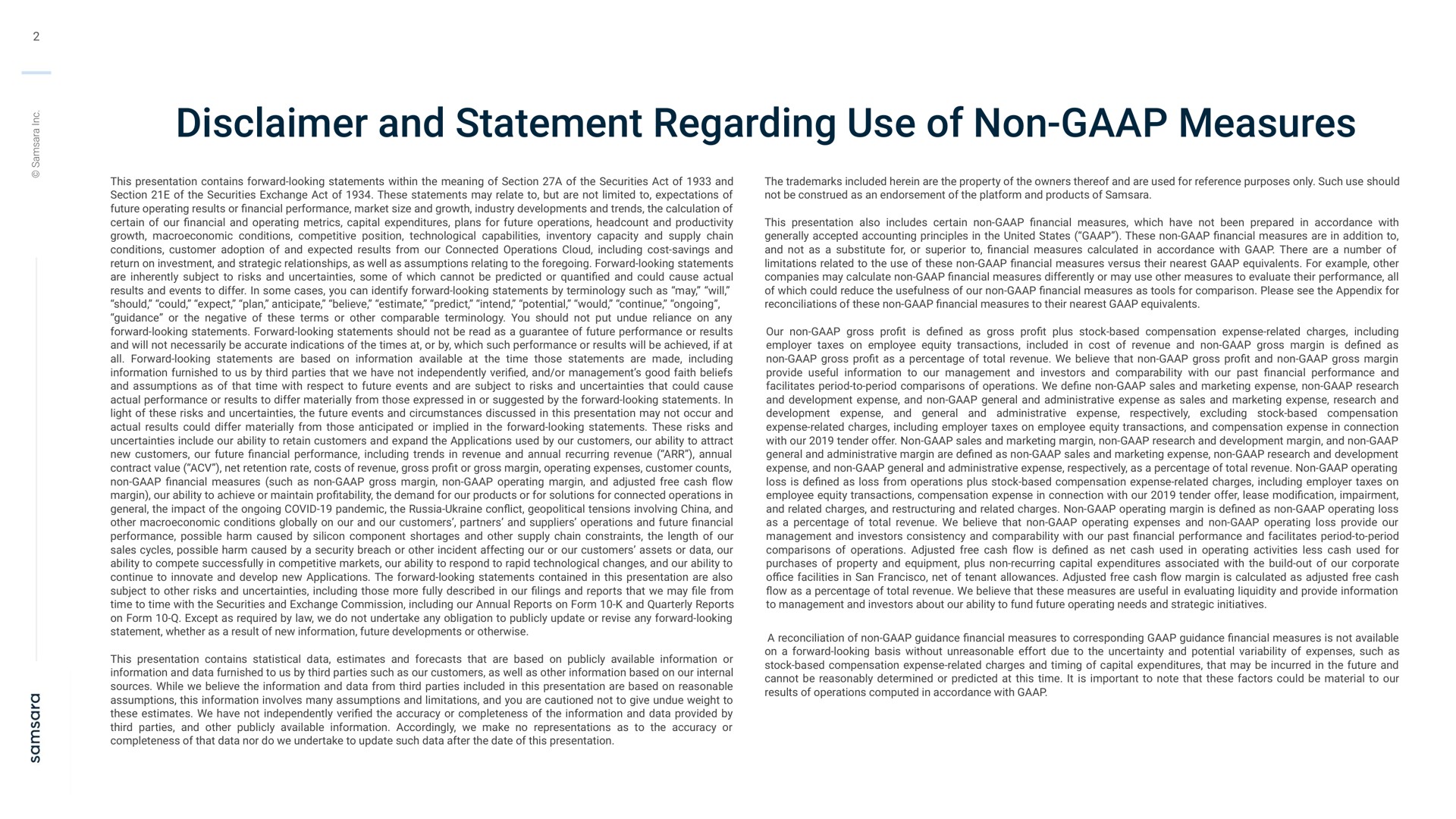 disclaimer and statement regarding use of non measures | Samsara