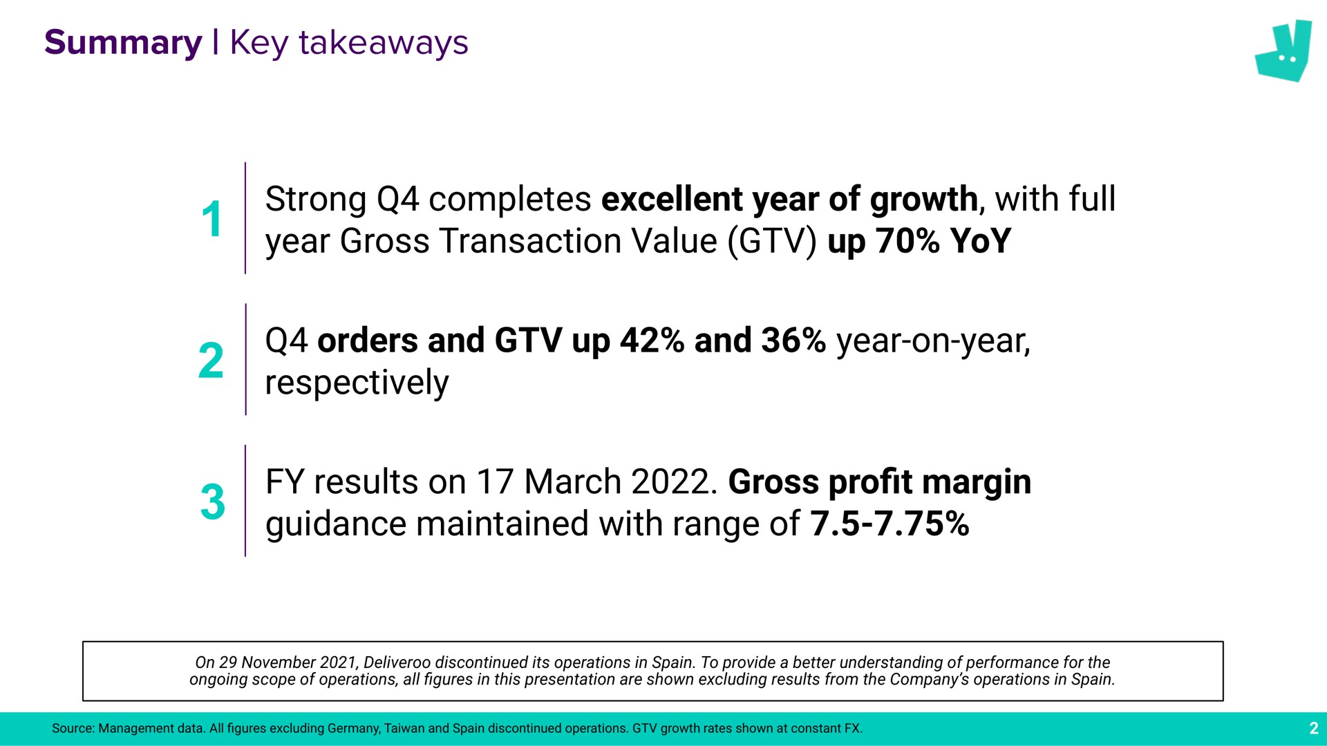 summary key strong completes excellent year of growth with full year gross transaction value up yoy orders and up and year on year respectively results on march gross pro margin guidance maintained with range of a profit | Deliveroo