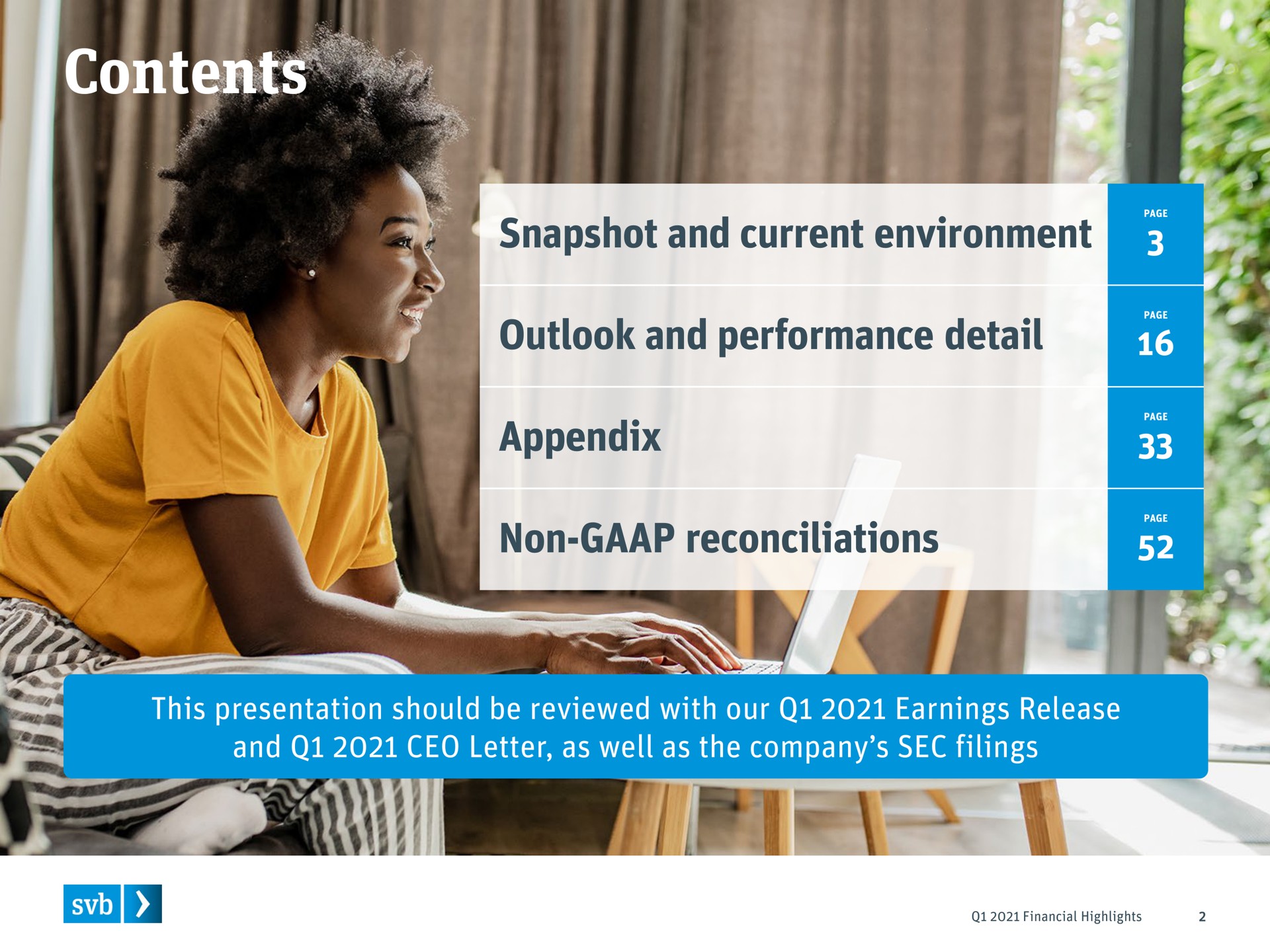 contents snapshot and current environment outlook and performance detail appendix non reconciliations this presentation should be reviewed with our earnings release and letter as well as the company sec filings i a in | Silicon Valley Bank