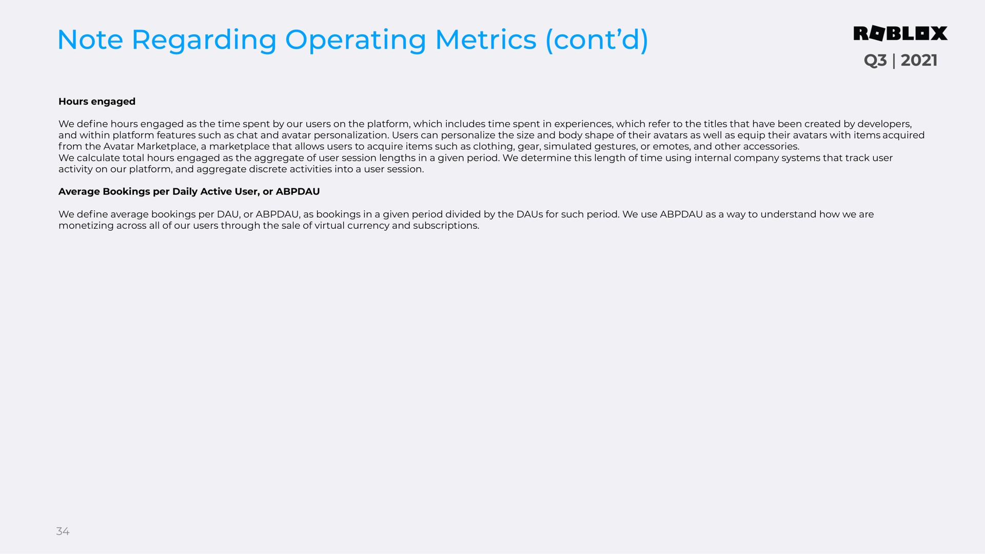 note regarding operating metrics | Roblox