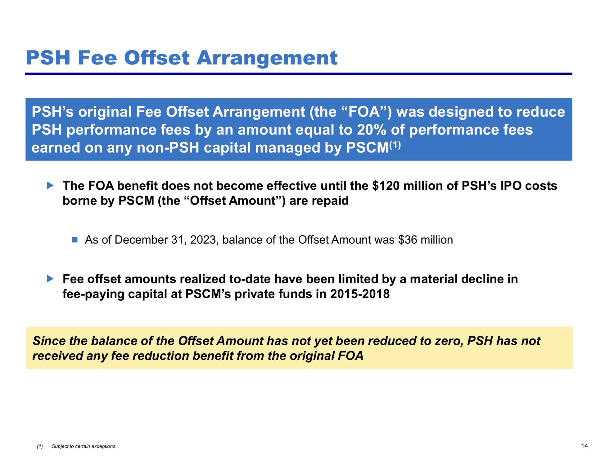fee offset arrangement original fee offset arrangement the was designed to reduce performance fees by an amount equal to of performance fees earned on any non capital managed by | Pershing Square