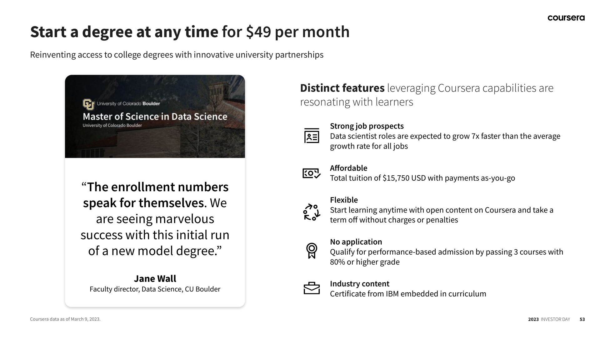 start a degree at any time for per month the enrollment numbers speak for themselves we are seeing marvelous success with this initial run of a new model degree anew | Coursera