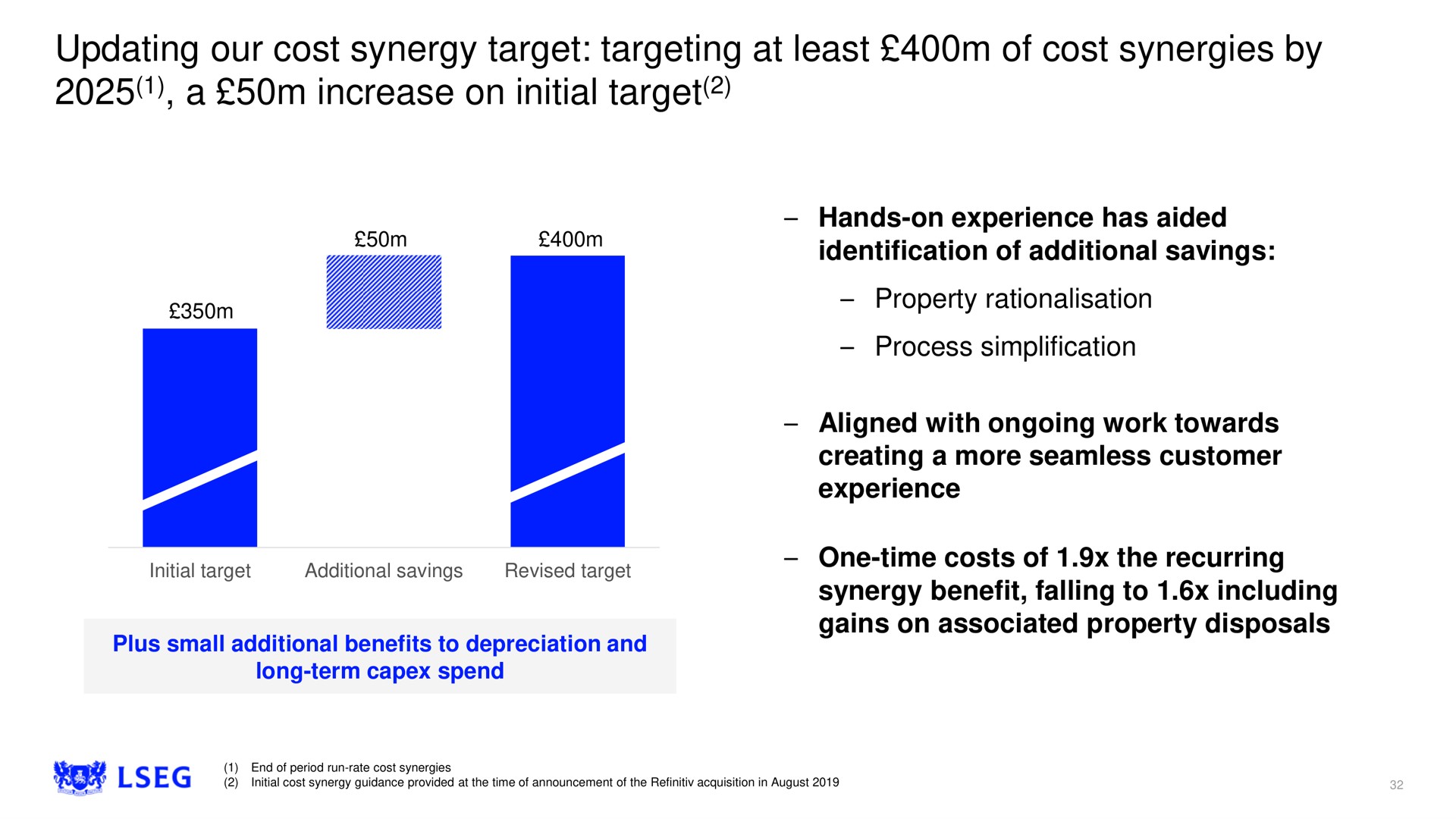 updating our cost synergy target targeting at least of cost synergies by a increase on initial target | LSE