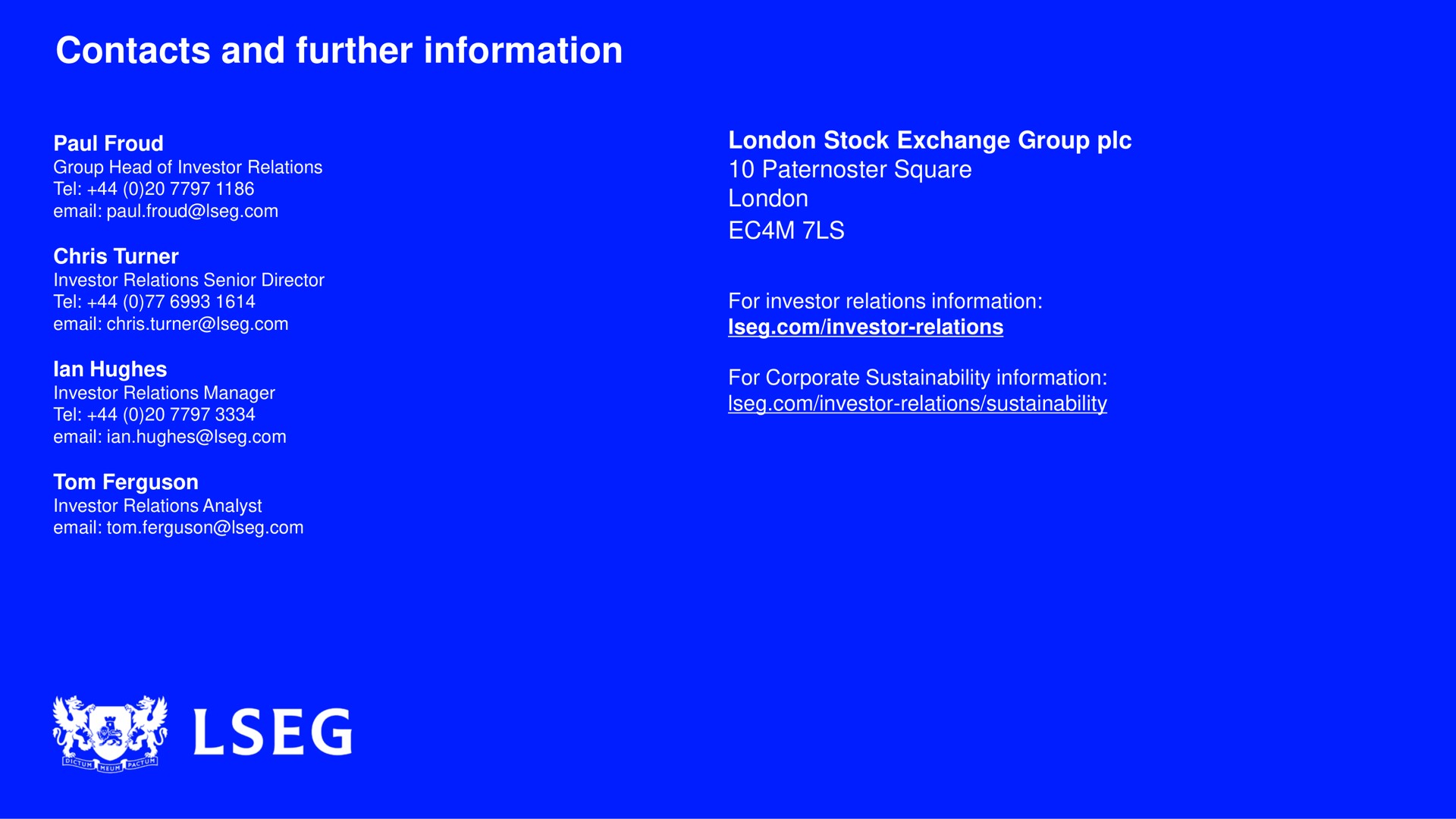 contacts and further information | LSE