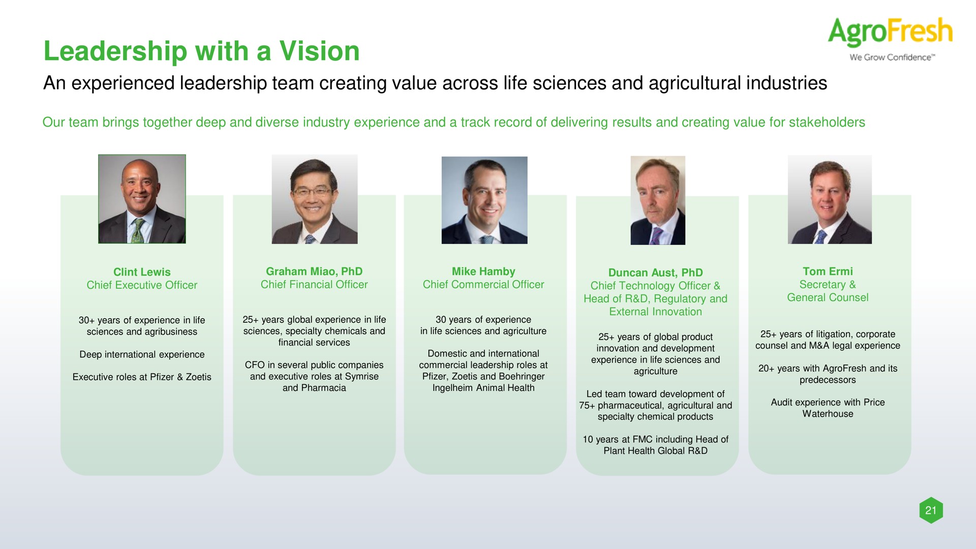 leadership with a vision an experienced team creating value across life sciences and agricultural industries he | AgroFresh