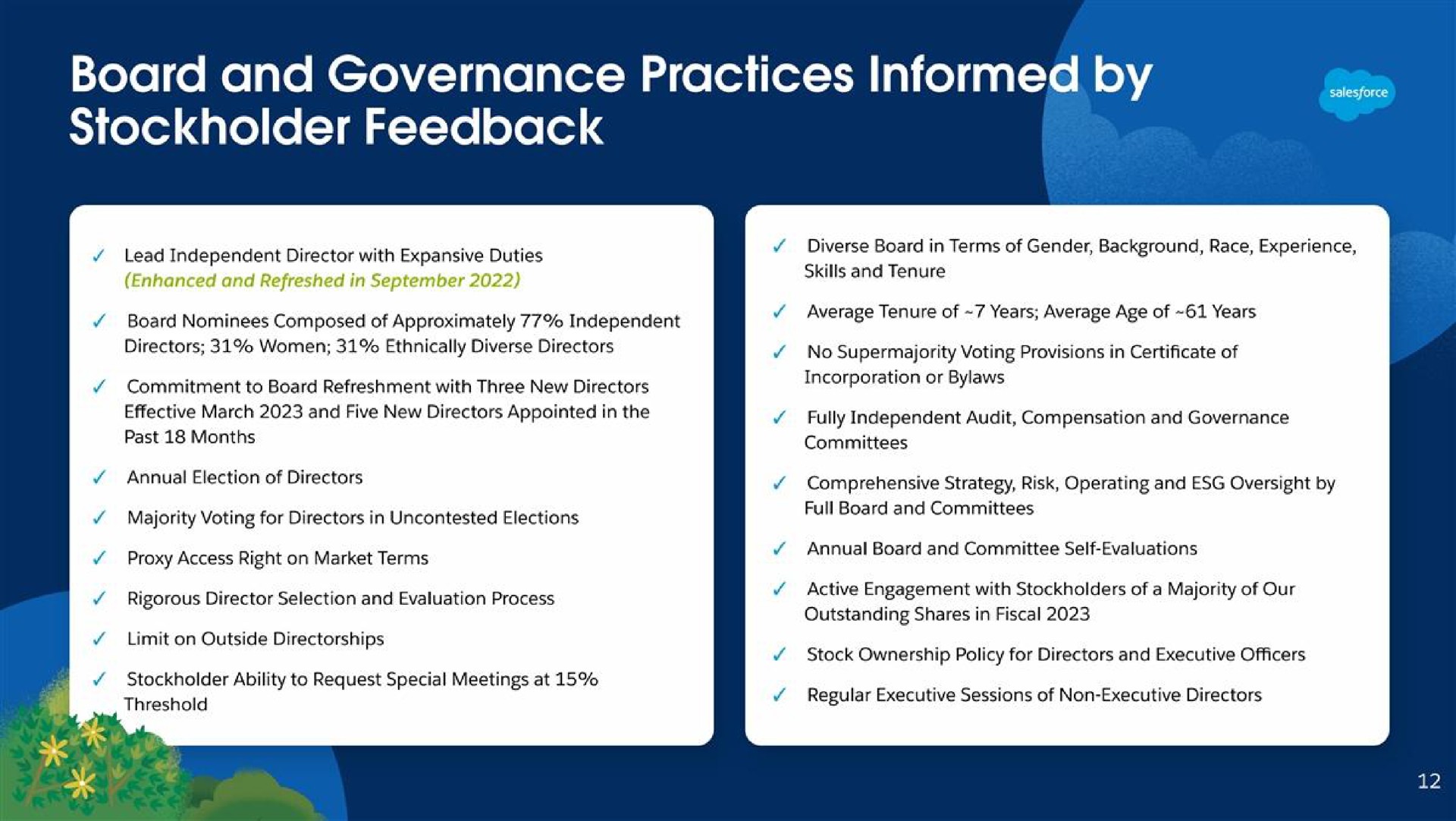 board and governance practices informed by stockholder feedback cee | Salesforce