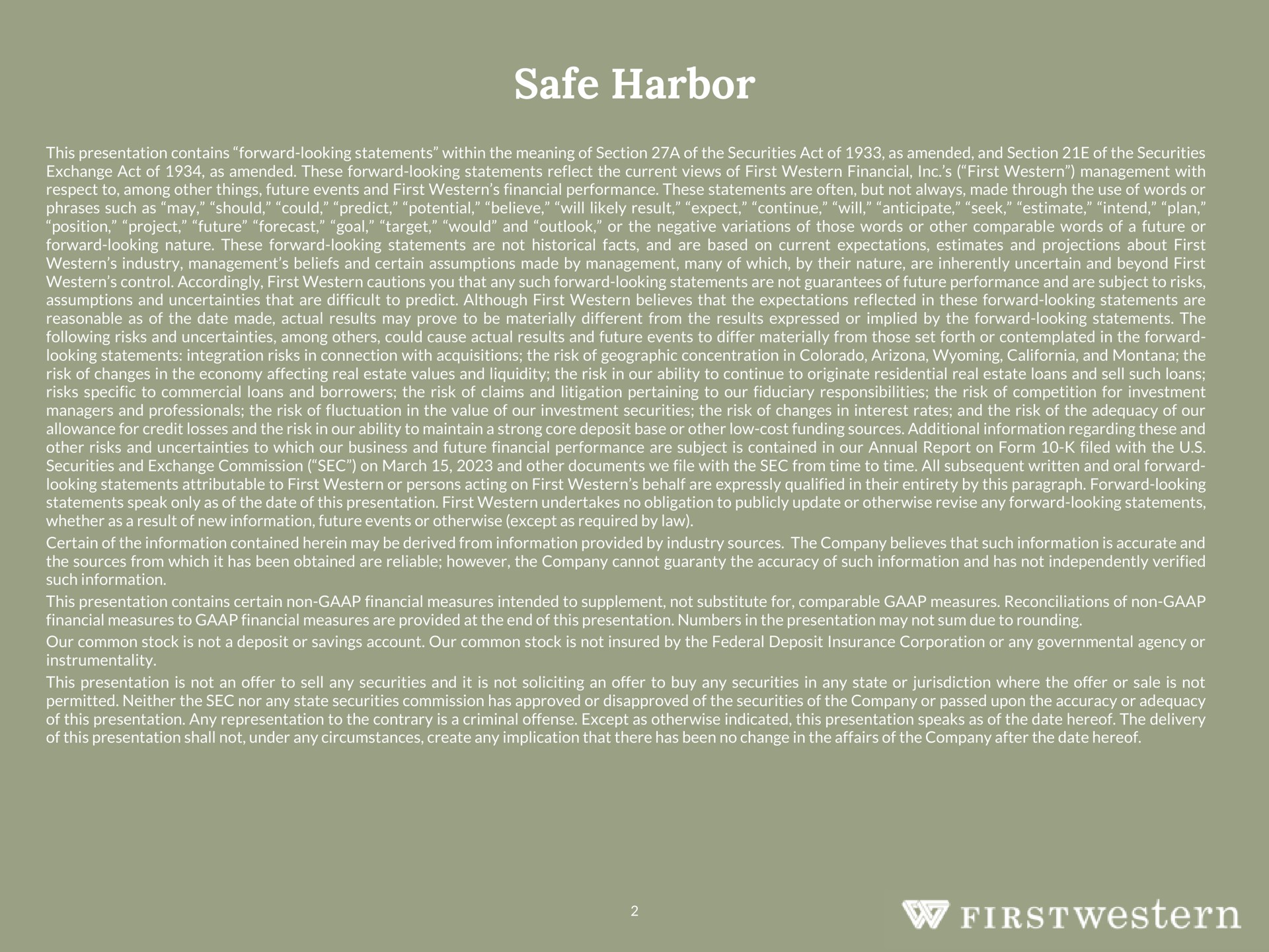 safe harbor | First Western Financial
