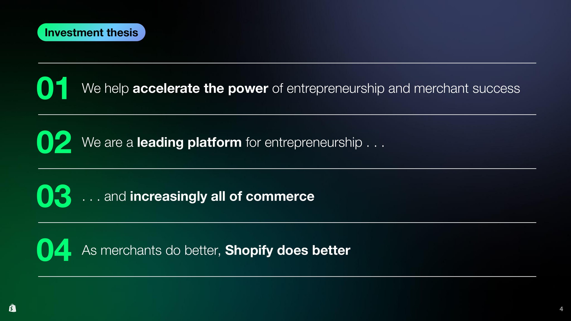 of we help accelerate the power of entrepreneurship and merchant success we are a leading platform for entrepreneurship and increasingly all of commerce as merchants do better does better | Shopify