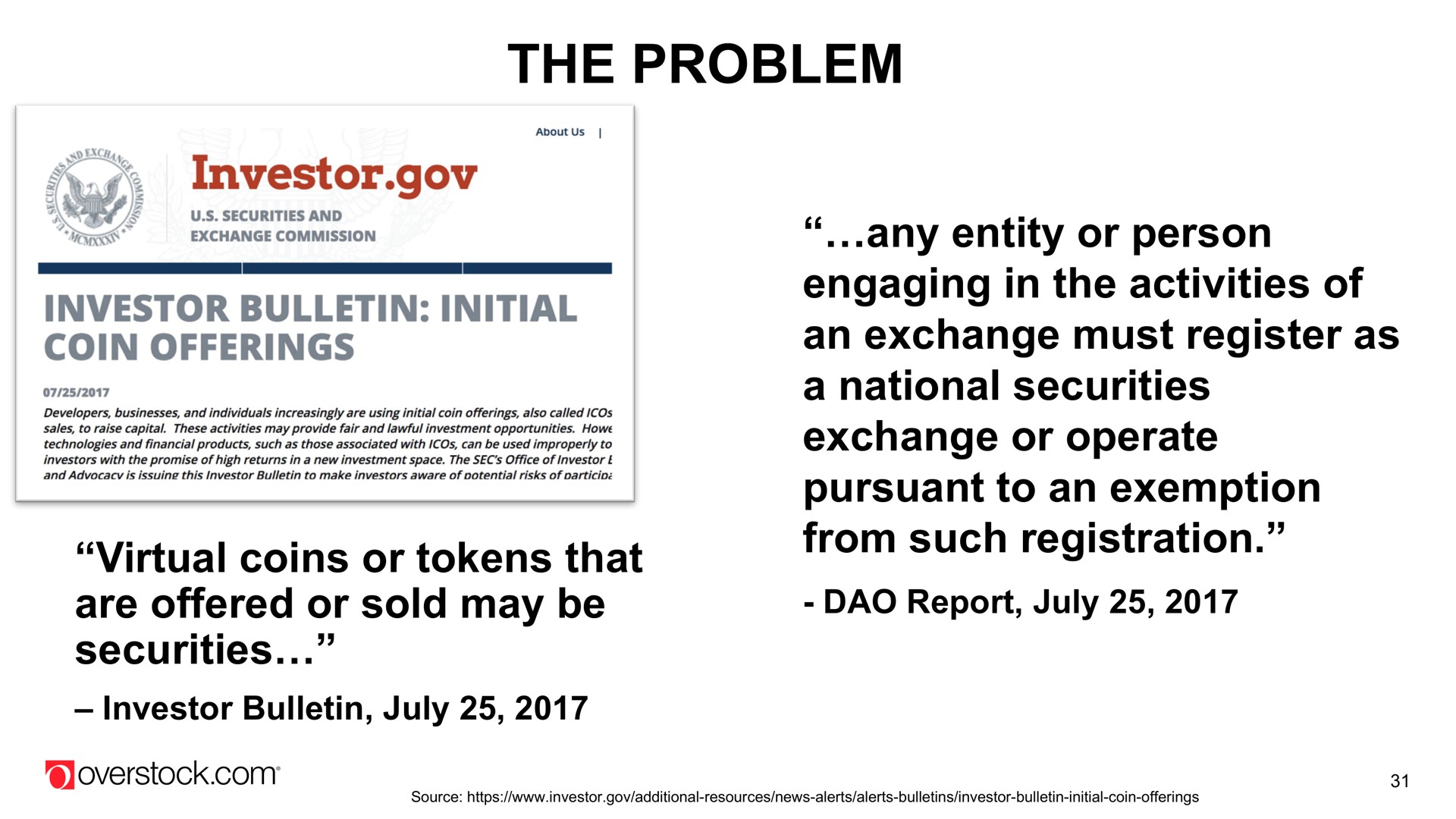 the problem any entity or person engaging in the activities of an exchange must register as a national securities exchange or operate pursuant to an exemption from such registration dao report virtual coins or tokens that are offered or sold may be securities investor bulletin | Overstock