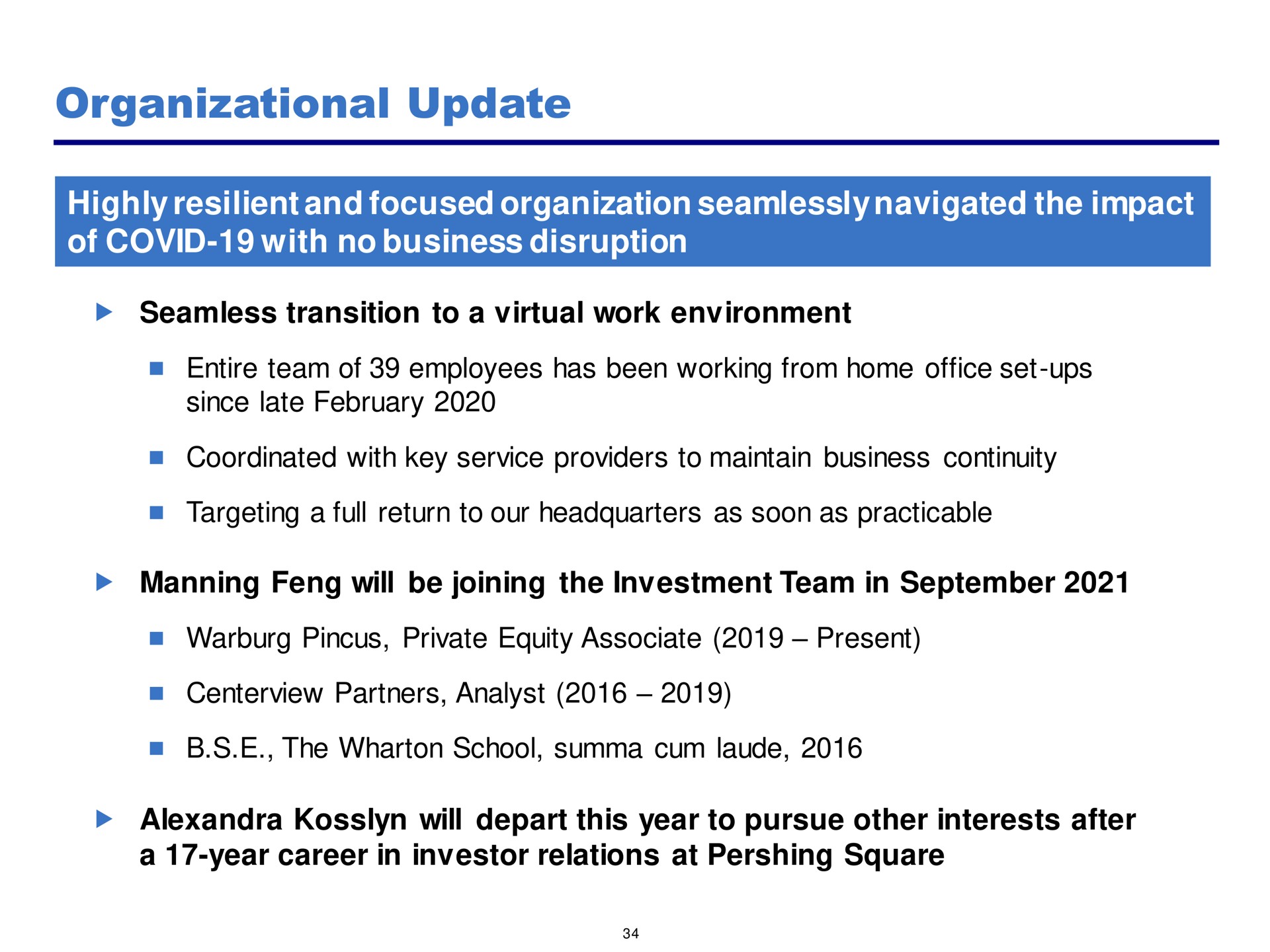 organizational update of covid with no business disruption | Pershing Square