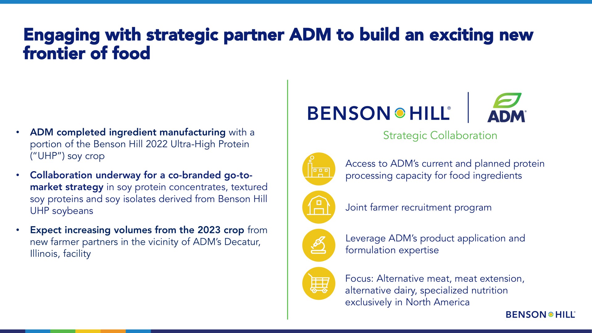 engaging with strategic partner to build an exciting new frontier of food hill | Benson Hill