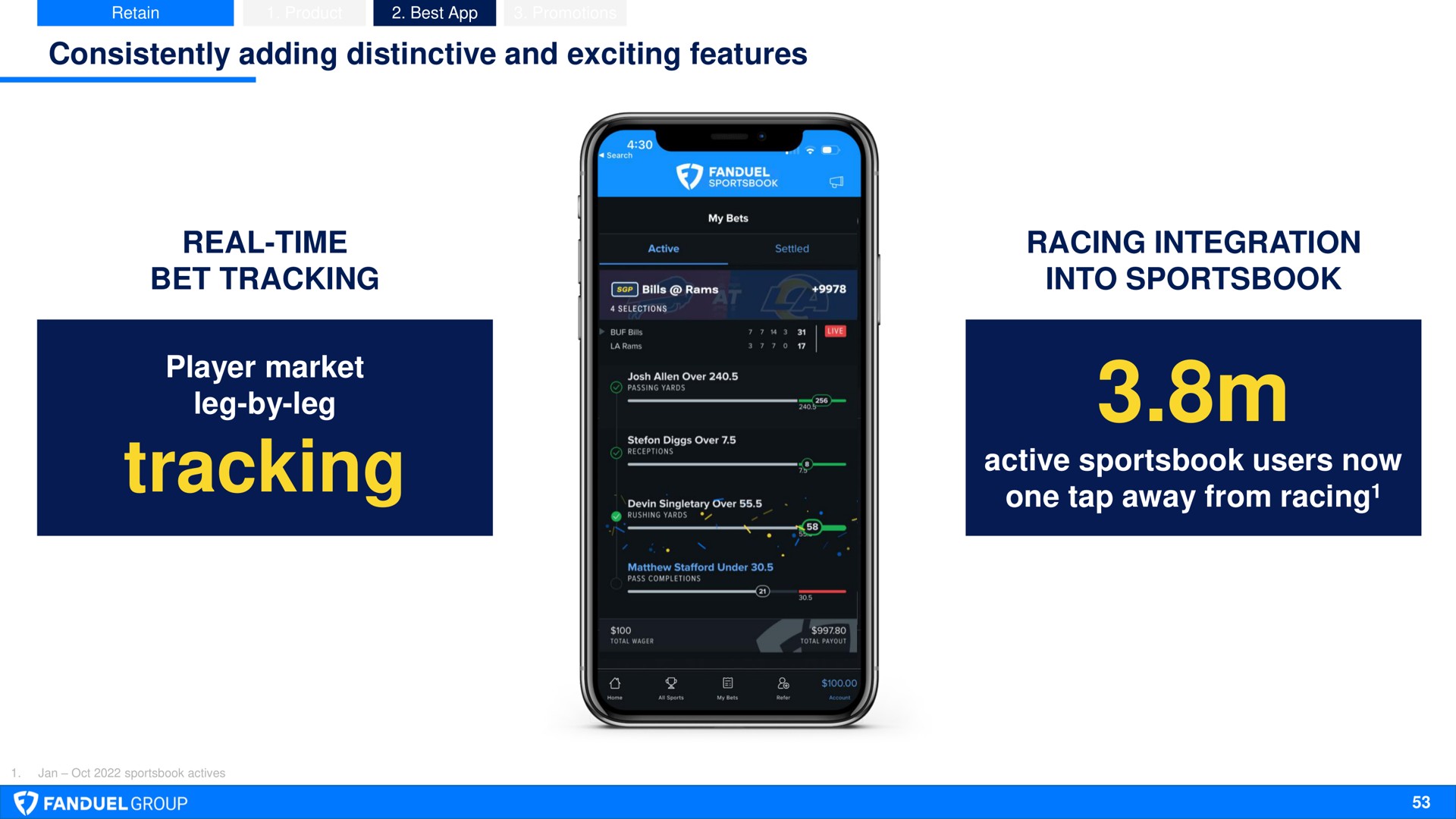 consistently adding distinctive and exciting features real time bet tracking player market leg by leg tracking racing integration into active users now one tap away from racing a mela | Flutter